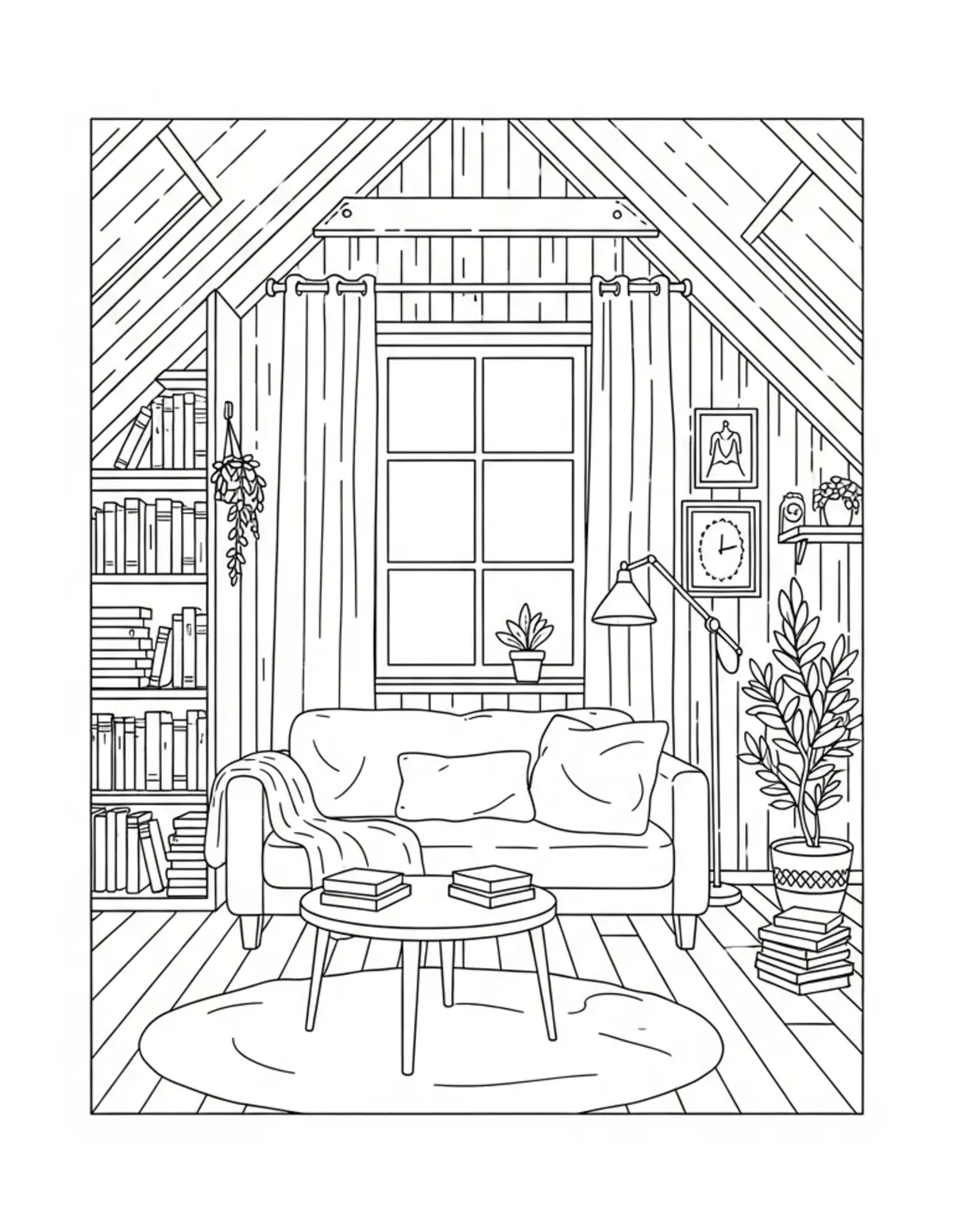 Free printable coloring page: cozy attic reading nook coloring page. Cute and cozy design for kids and adults to download and print.