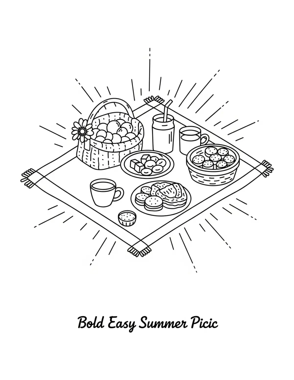 Free printable coloring page: bold-easy-summer-picnic coloring page. Cute and cozy design for kids and adults to download and print.