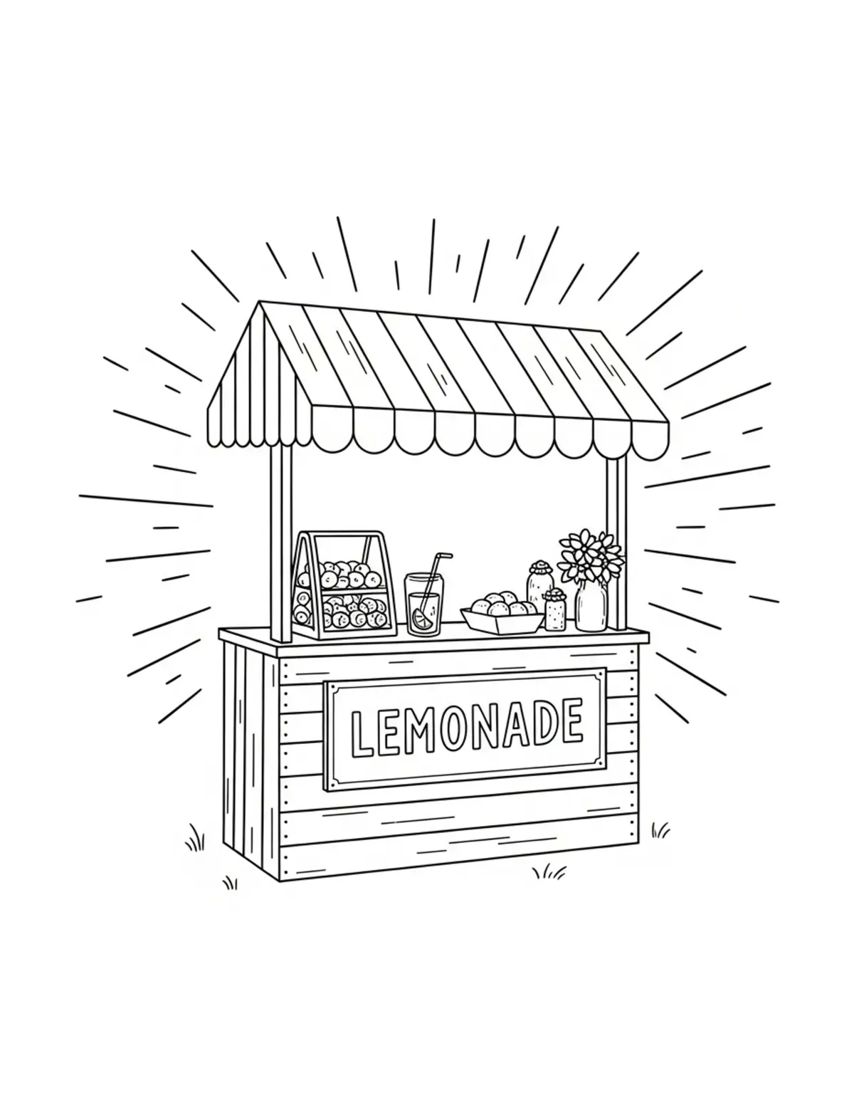 Free printable coloring page: cozy summer lemonade stand coloring page. Cute and cozy summer design for kids and adults to download and print.