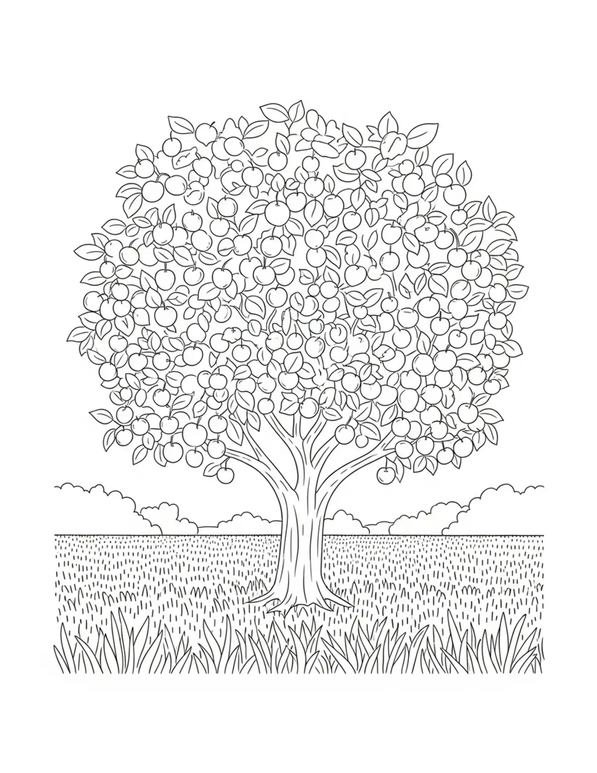 Free printable coloring page: cozy summer orchard walk coloring page. Cute and cozy summer design for kids and adults to download and print.