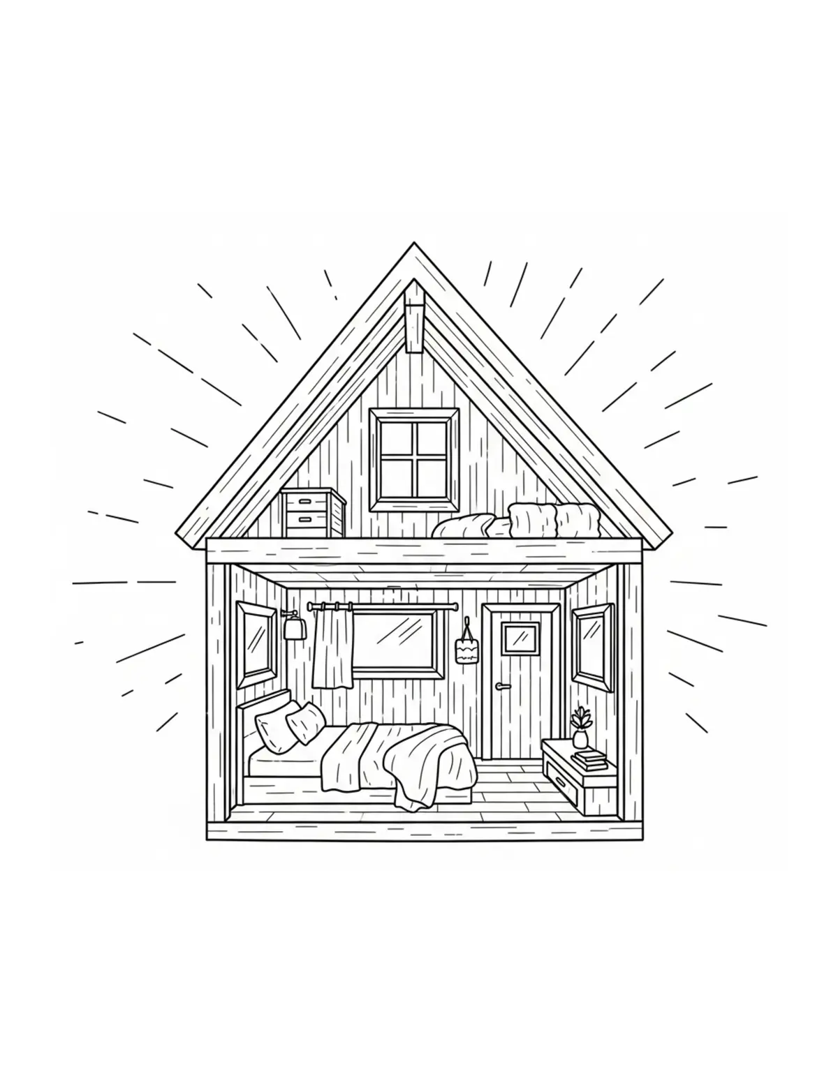 Free printable coloring page: cozy woodland retreat loft coloring page. Cute and cozy design for kids and adults to download and print.