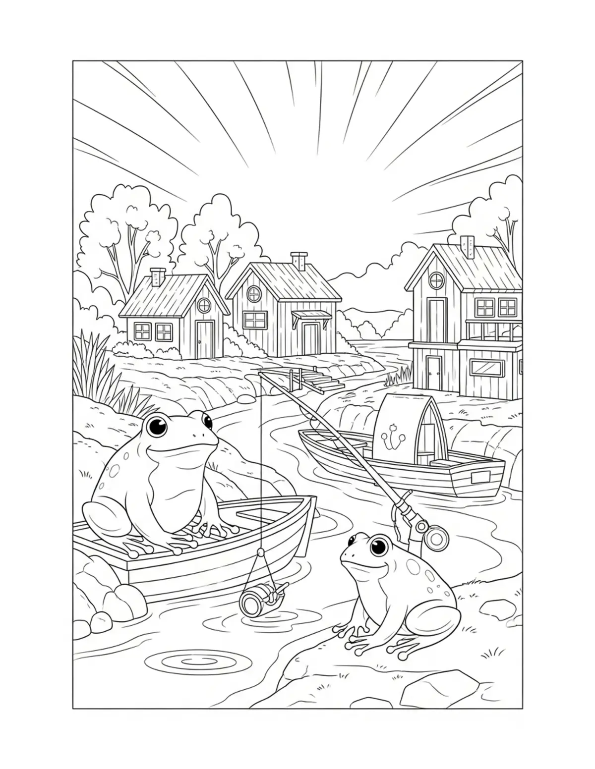 Cute Frog Fishing Village Colo — free printable cozy coloring coloring page for kids and adults