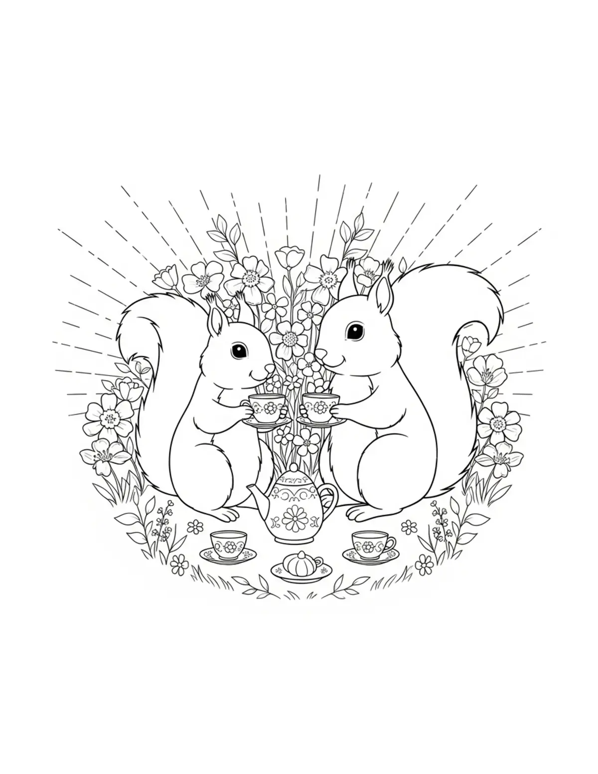 Cute Squirrel Tea Party Colori — free printable cozy coloring coloring page for kids and adults