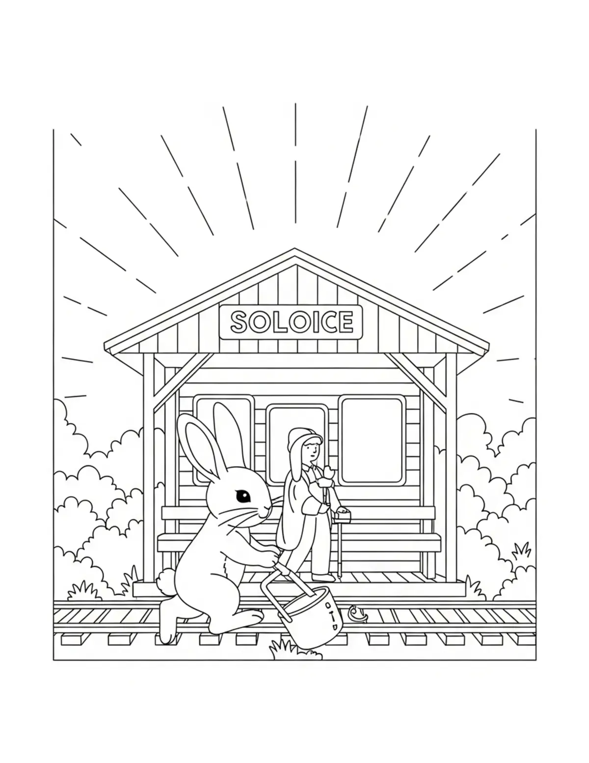 Little Bunny Maintaining a Woodland Bridge coloring page - free printable JPG featuring adorable woodland animals