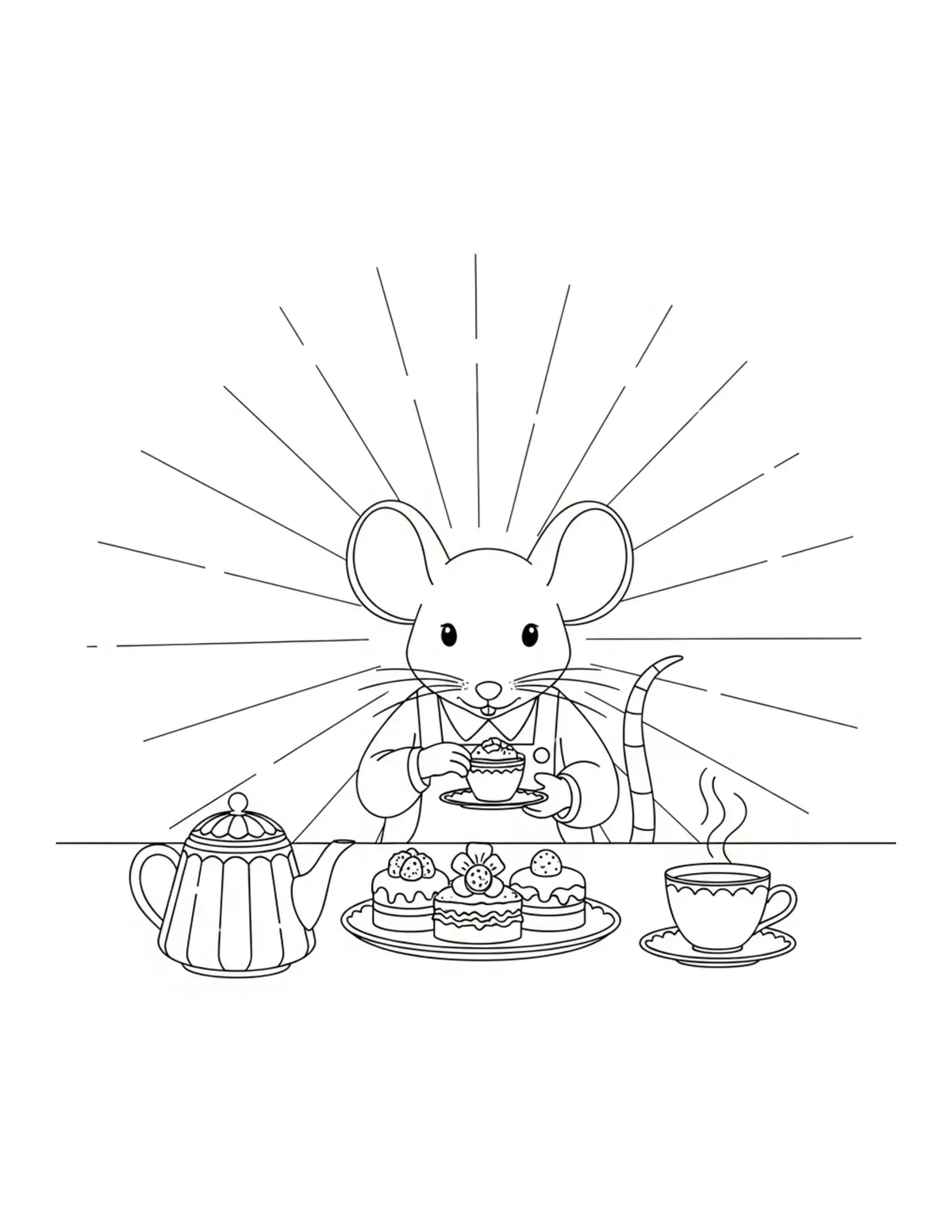 Mouse Preparing Afternoon Tea Coloring Page - free printable JPG featuring adorable mouse bakery scenes