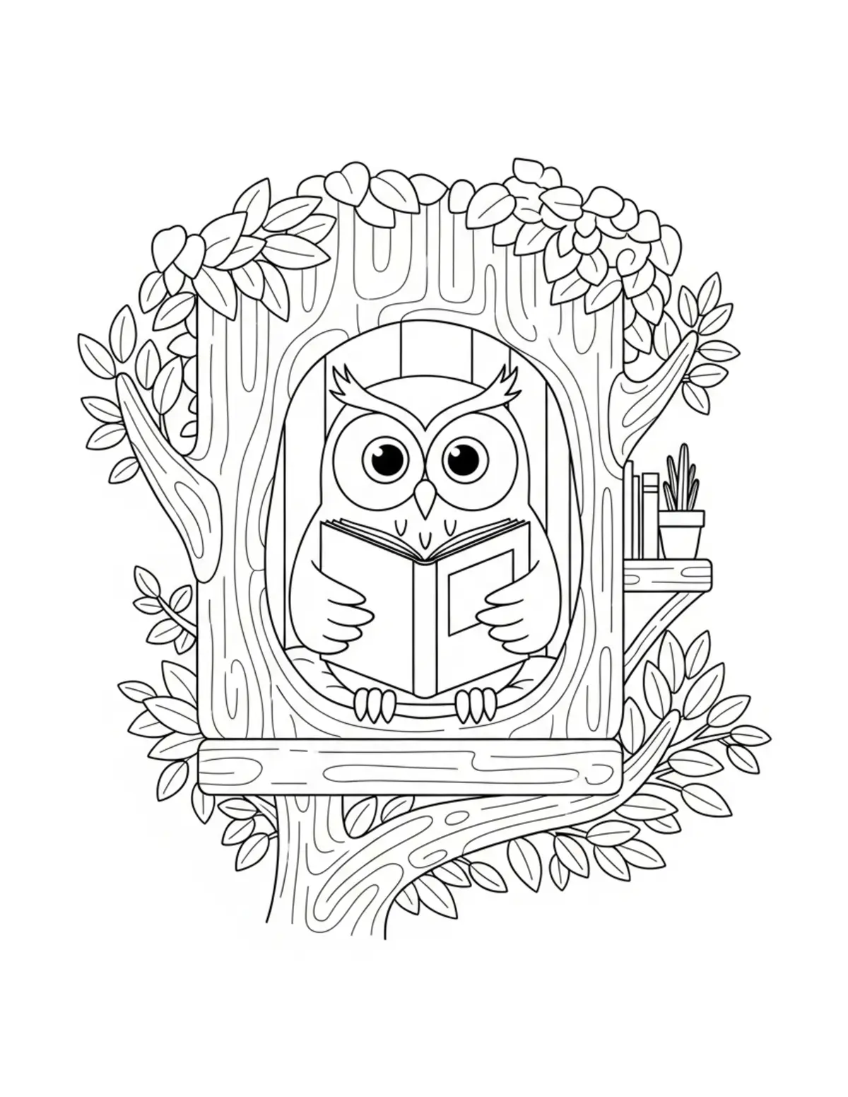Owl Reading In A Treehouse Noo Coloring Page - free printable JPG featuring adorable owl reading scenes