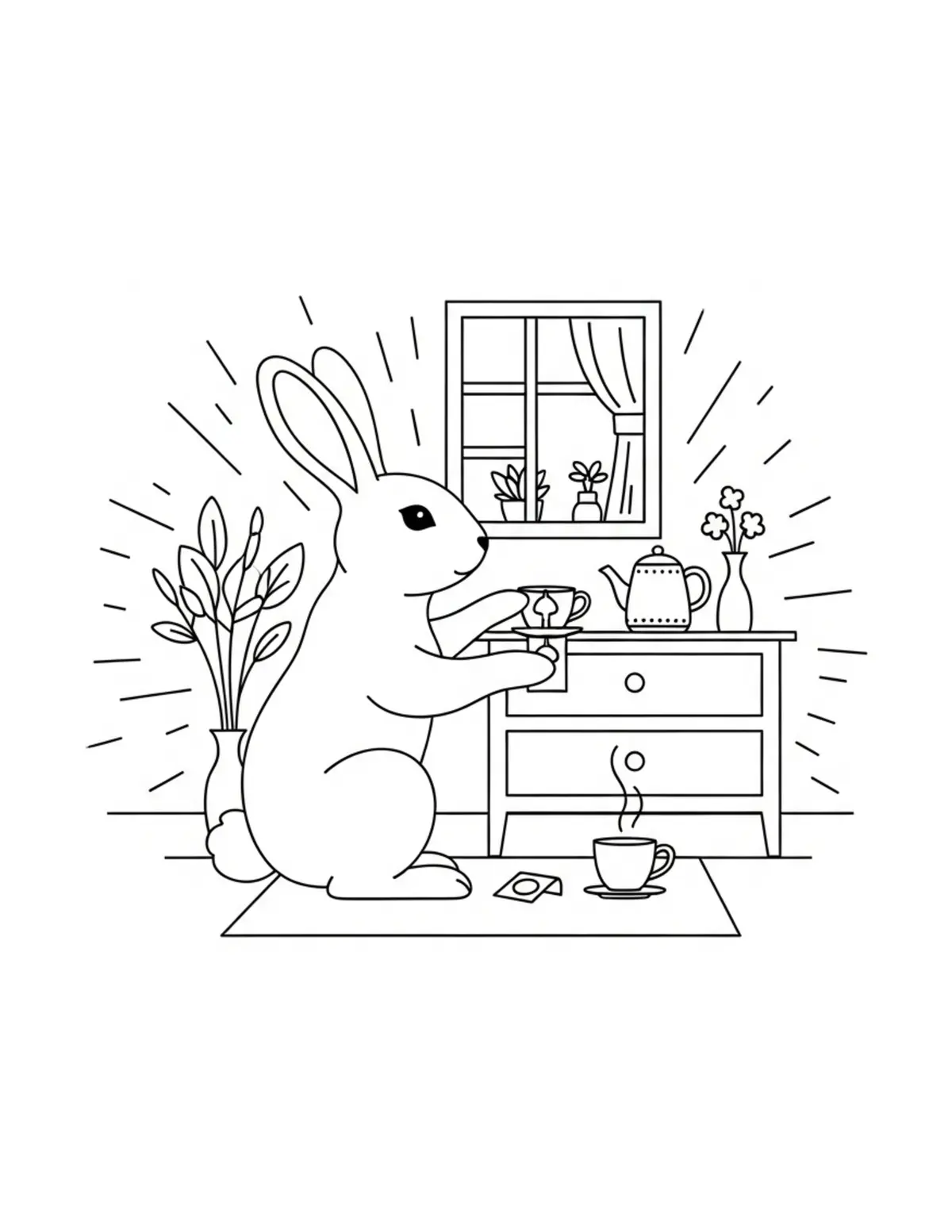 Rabbit Decorating A Cottage Te Coloring Page - free printable JPG featuring adorable rabbit