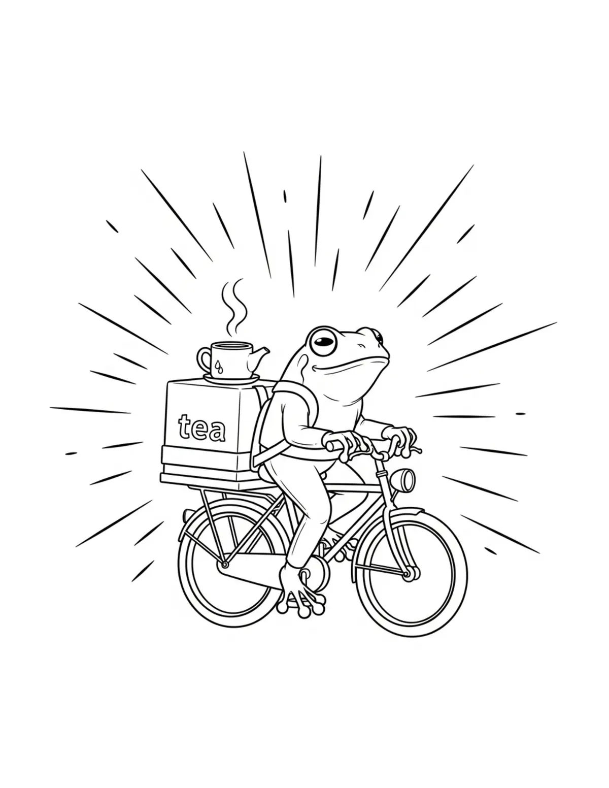 Free printable coloring page: tiny-frog-delivering-tea-by-bi coloring page. Cute and cozy design for kids and adults to download and print.