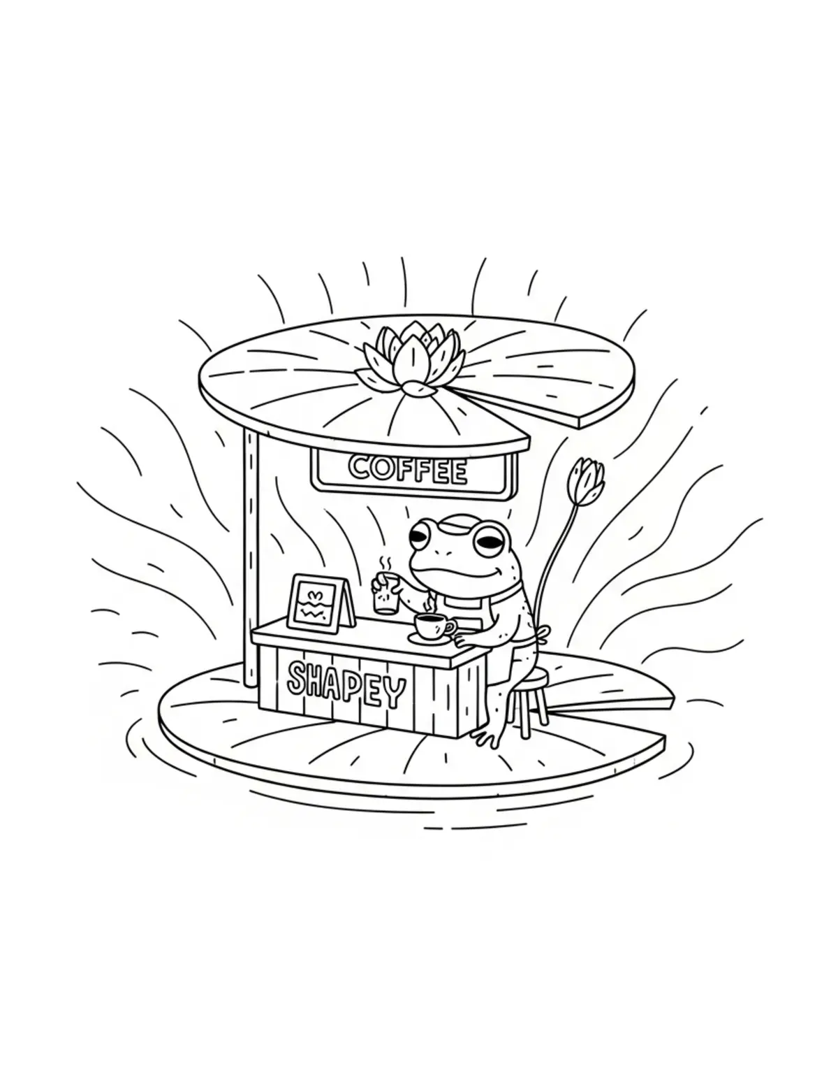 Free printable coloring page: tiny-frog-operating-a-lily-pad coloring page. Cute and cozy design for kids and adults to download and print.