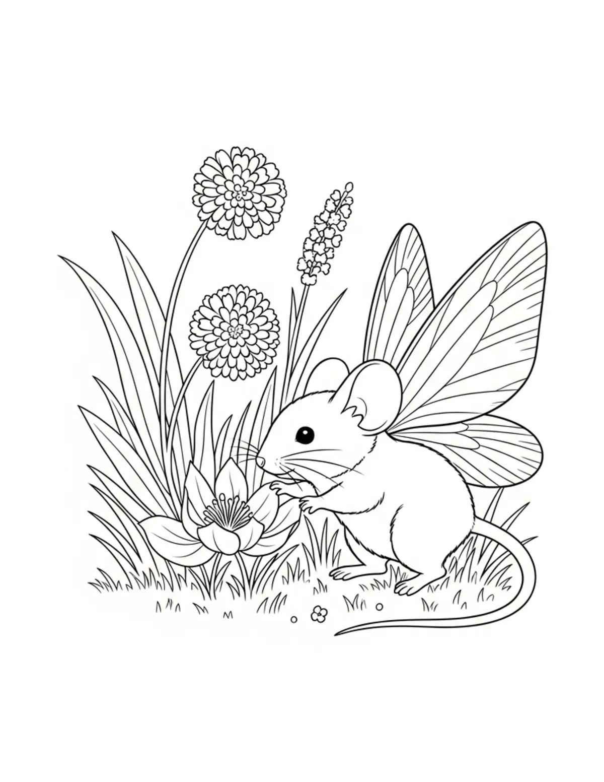 Free printable coloring page: tiny-mouse-exploring-a-fairy-g coloring page. Cute and cozy design for kids and adults to download and print.