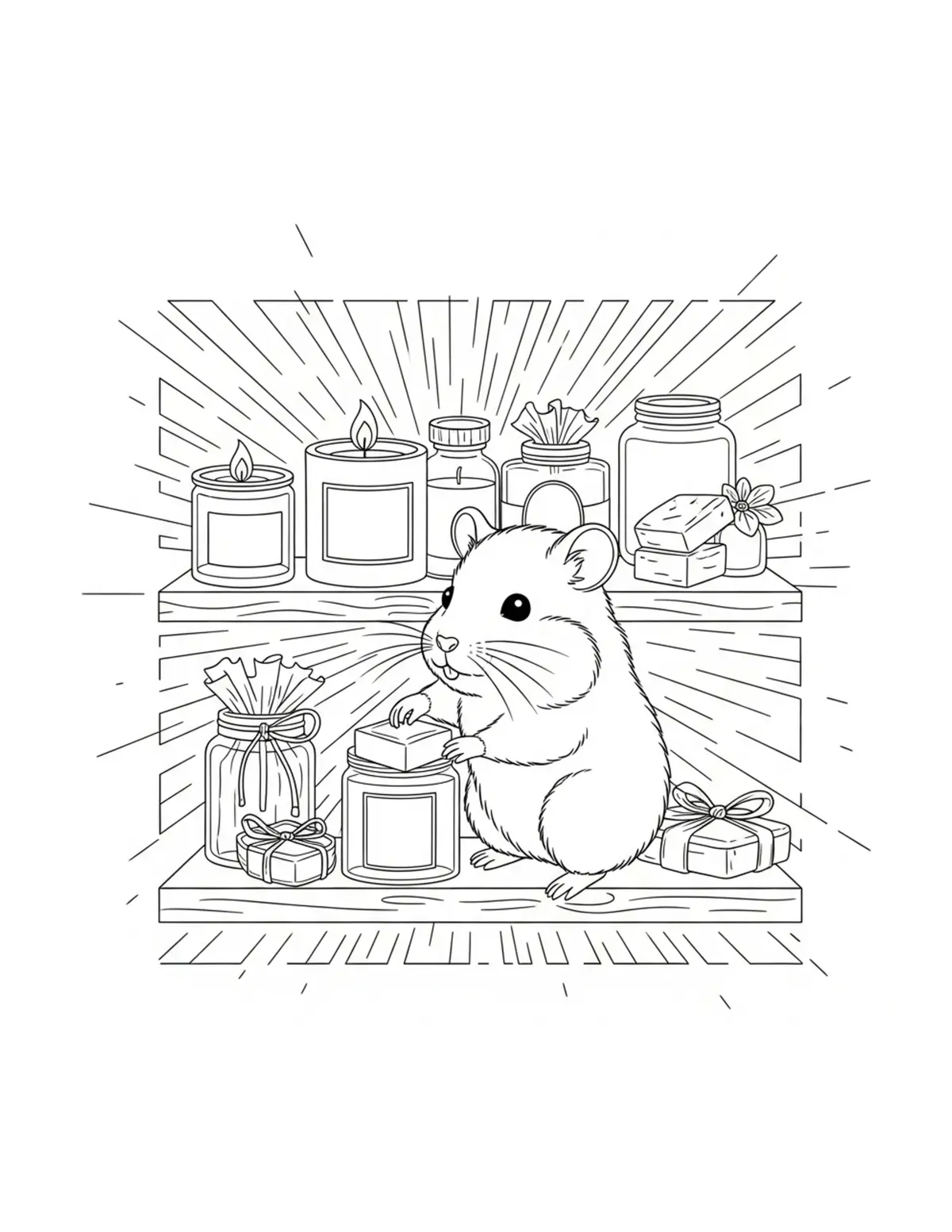 Tiny Hamster Arranging Handmad Coloring Page - free printable JPG featuring adorable tiny animal village scene