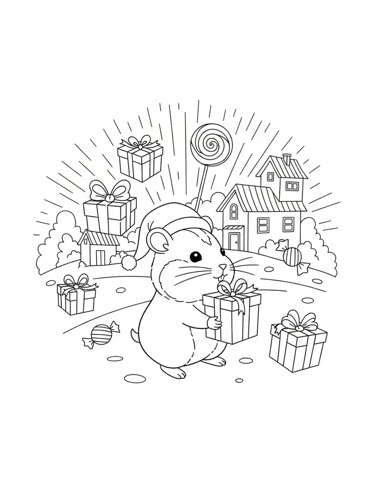 Tiny Hamster Delivering Candy  Coloring Page - free printable JPG featuring adorable tiny animal village scene