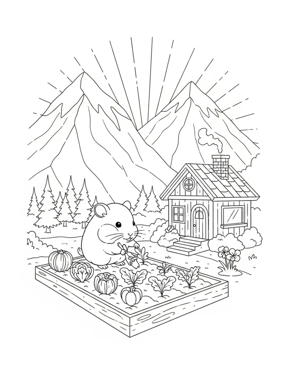 Tiny Hamster Tending A Vegetab Coloring Page - free printable JPG featuring adorable tiny animal village scene