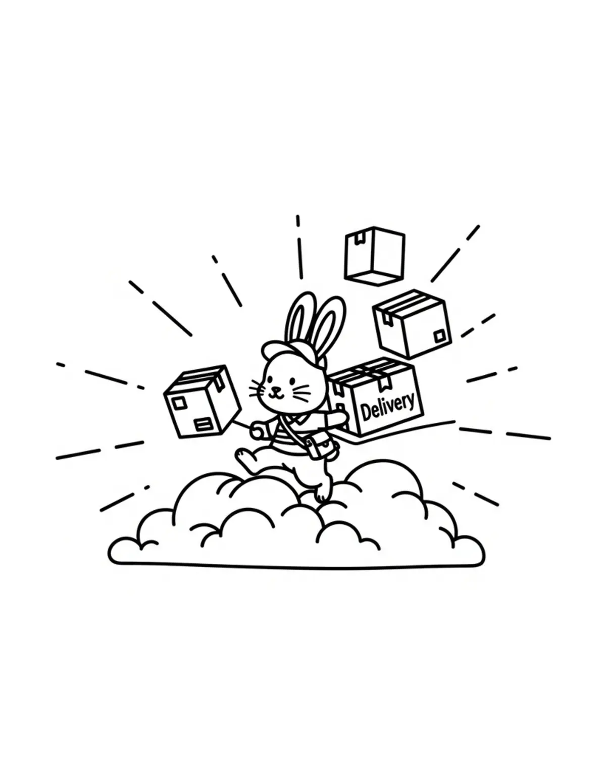 Free printable coloring page: tiny rabbit operating a cloud coloring page. Cute and cozy tiny animal design for kids and adults to download and print.