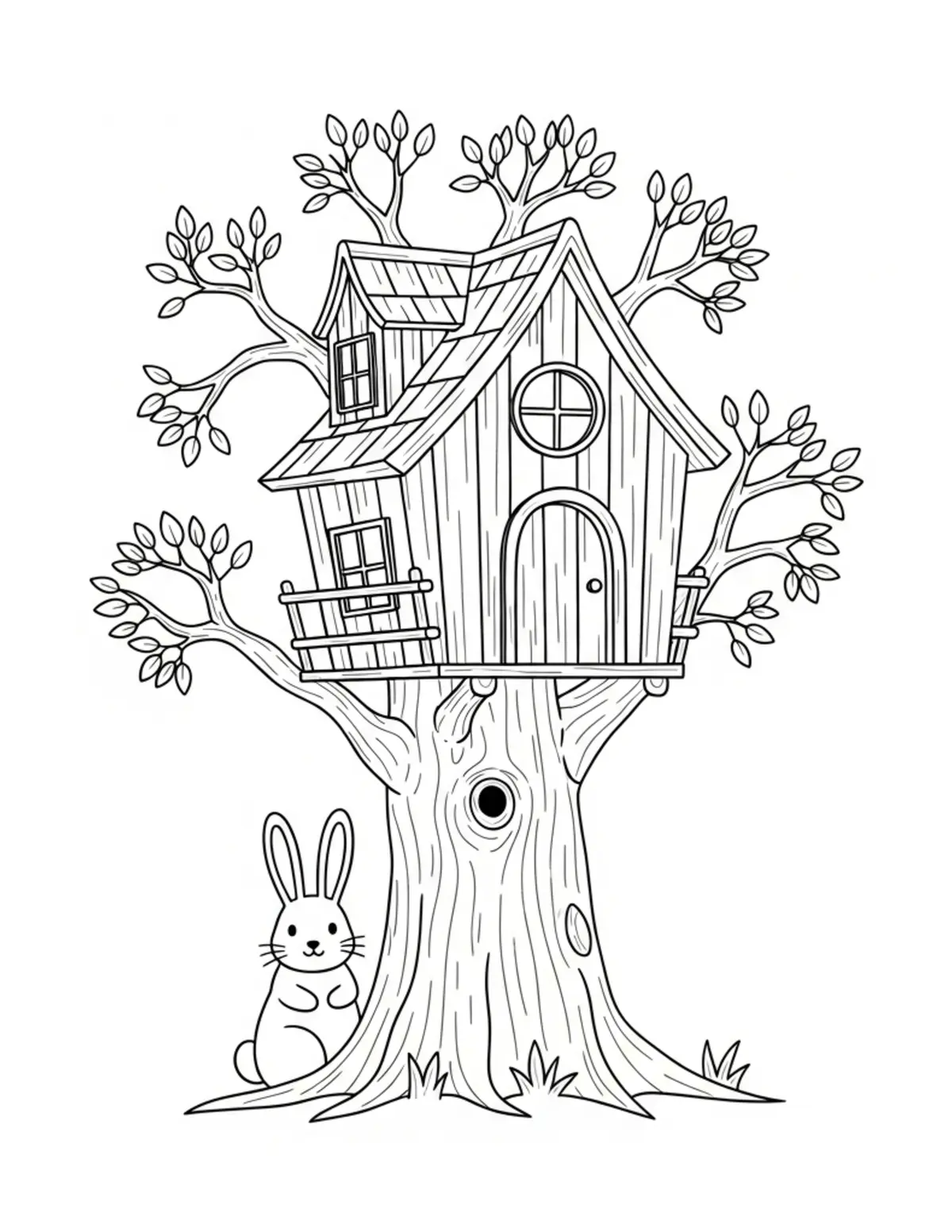 Free printable coloring page: bunny treehouse cottage coloring page. Cute and cozy design for kids and adults to download and print.