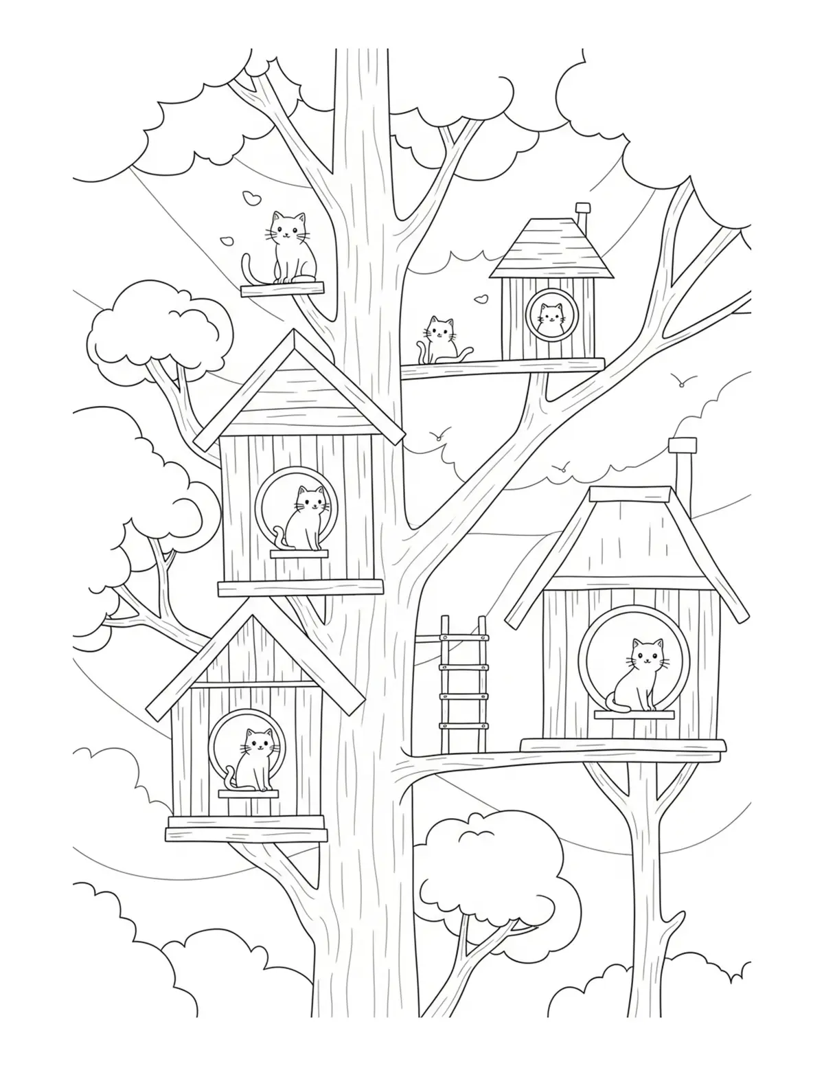 Cat Treehouse Village — free printable cozy coloring coloring page for kids and adults