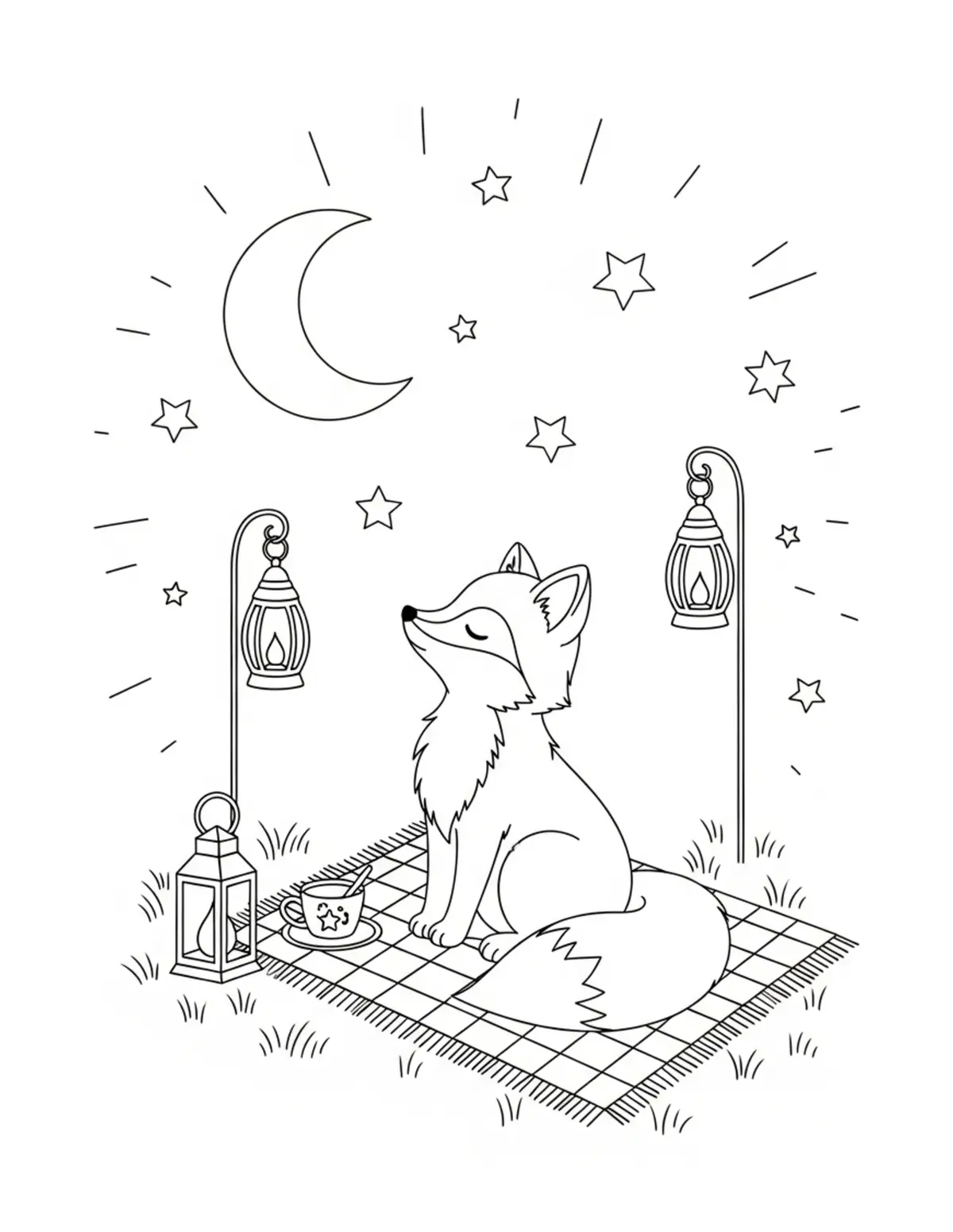 Free printable coloring page: cute fox stargazing on picnic coloring page. Cute and cozy animal design for kids and adults to download and print.