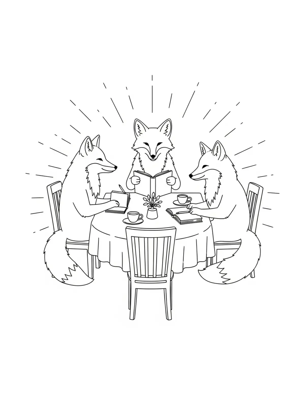 Free printable coloring page: fox book club gathering coloring page. Cute and cozy bookstore and reading design for kids and adults to download and print.