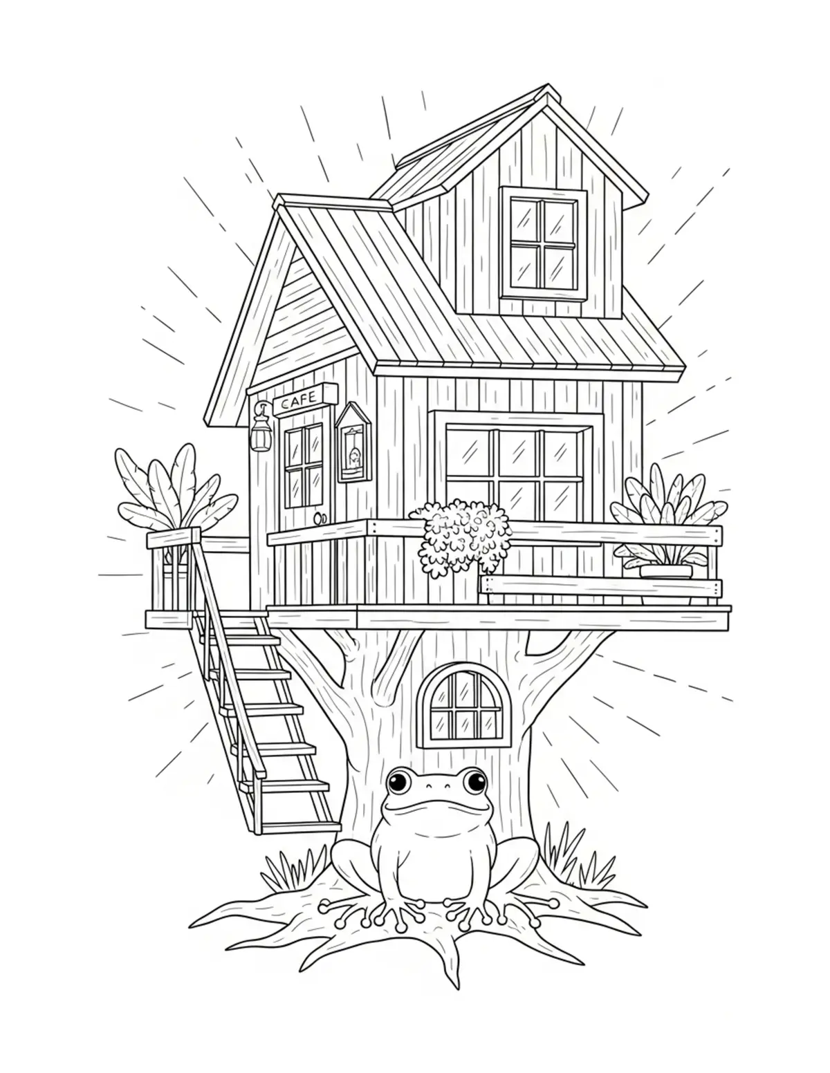 Free printable coloring page: frog treehouse cafe coloring page. Cute and cozy design for kids and adults to download and print.