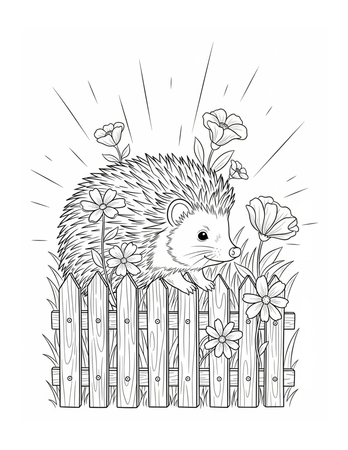 Free printable coloring page: hedgehog flower fence scene coloring page. Cute and cozy hedgehog garden design for kids and adults to download and print.