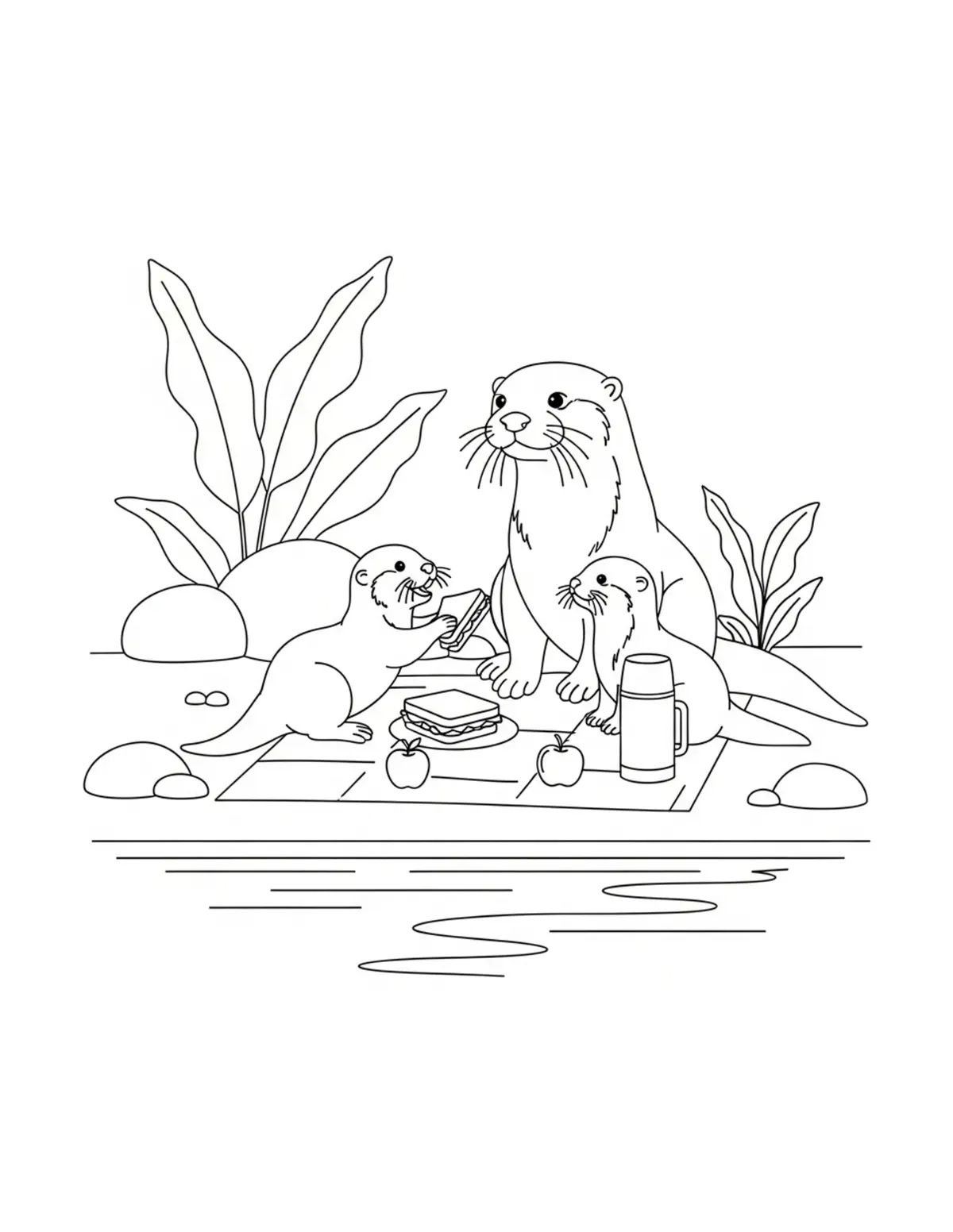 Otter Family Riverside Picnic coloring page - free printable JPG featuring adorable otters