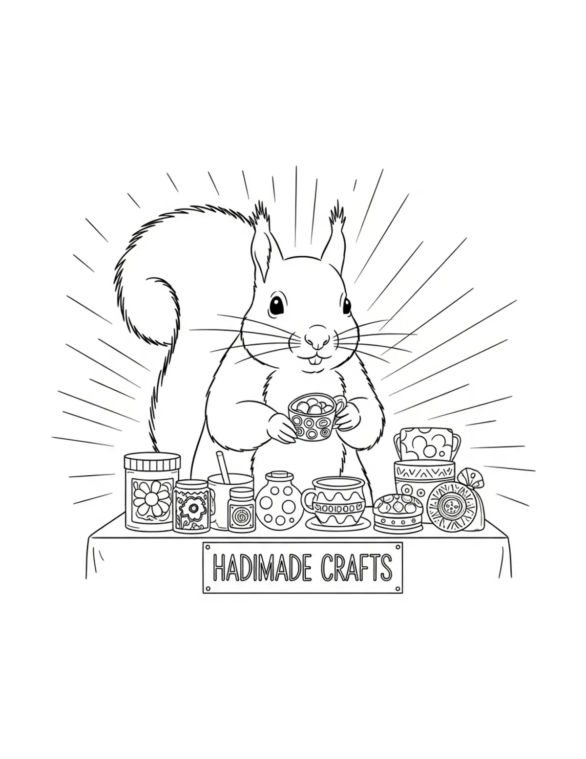 Squirrel Selling Handmade Crafts coloring page - free printable JPG featuring adorable squirrels in a woodland scene