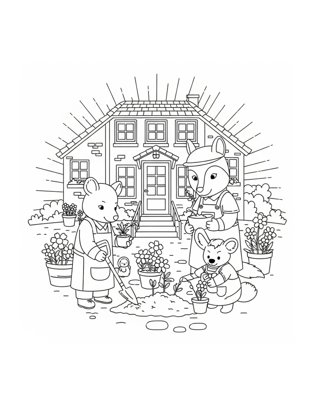 Animal Gardeners Planting Flow Coloring Page - free printable JPG featuring adorable tiny animal village scene