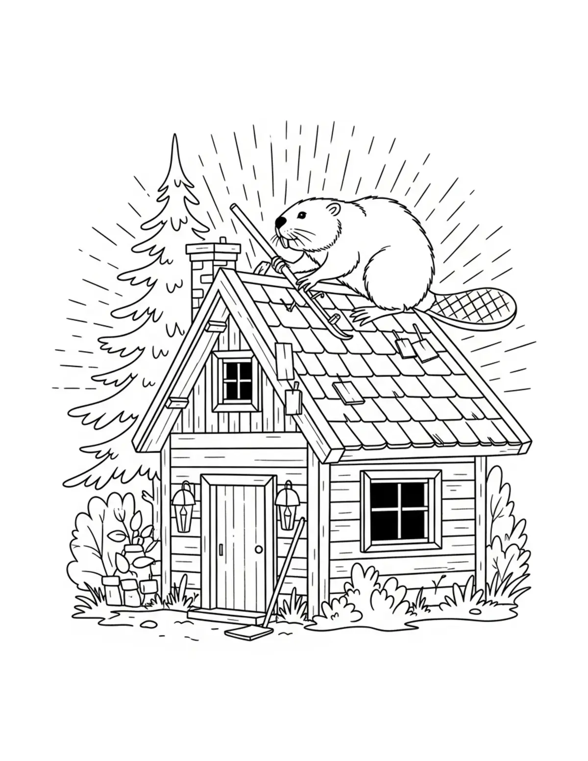 Beaver Repairing a Woodland Cottage Coloring Page - free printable JPG featuring adorable woodland beaver