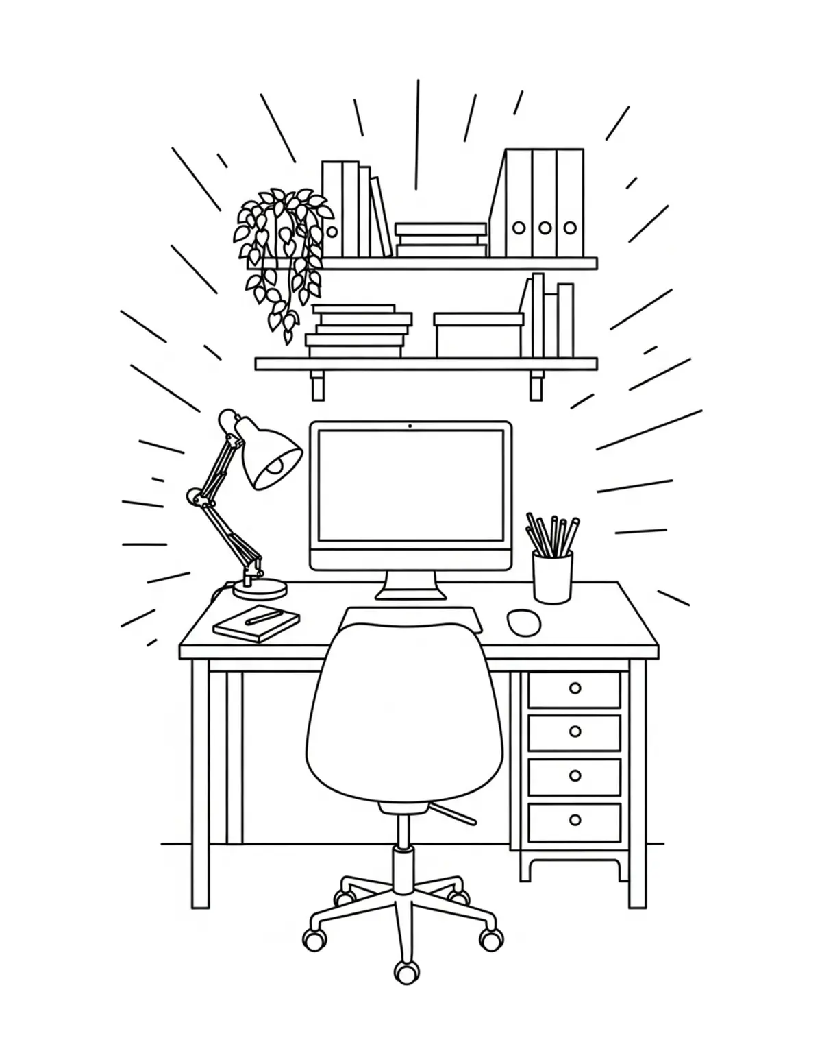 Free printable coloring page: cozy nature inspired workspace coloring page. Cute and cozy design for kids and adults to download and print.