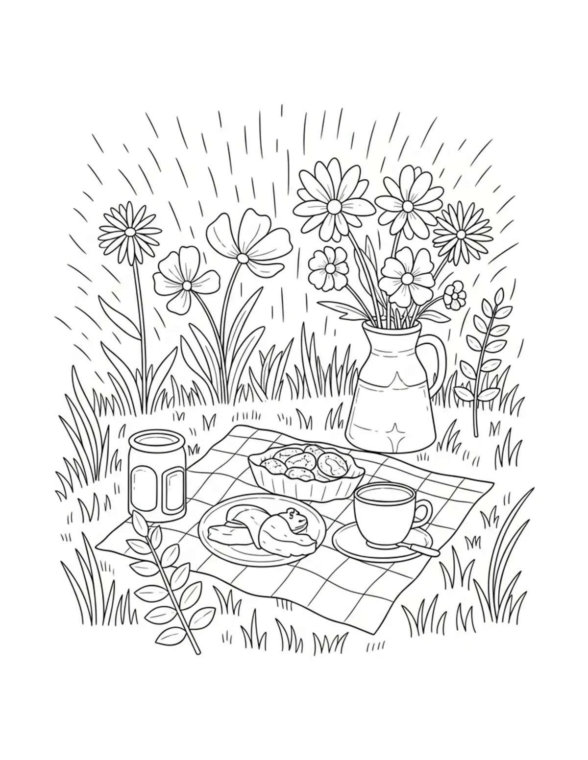 Free printable coloring page: cozy wildflower field picnic coloring page. Cute and cozy summer design for kids and adults to download and print.
