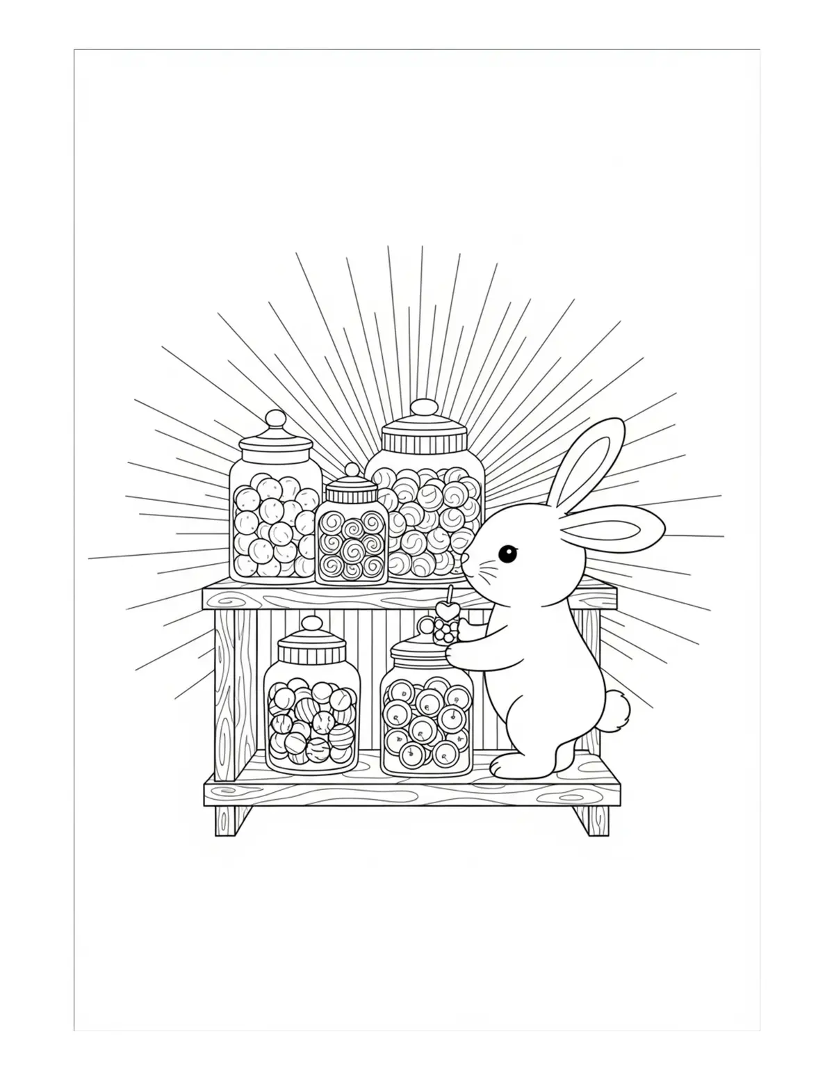 Cute Bunny Arranging Candy Jar Coloring Page - free printable JPG featuring adorable tiny animal village scene