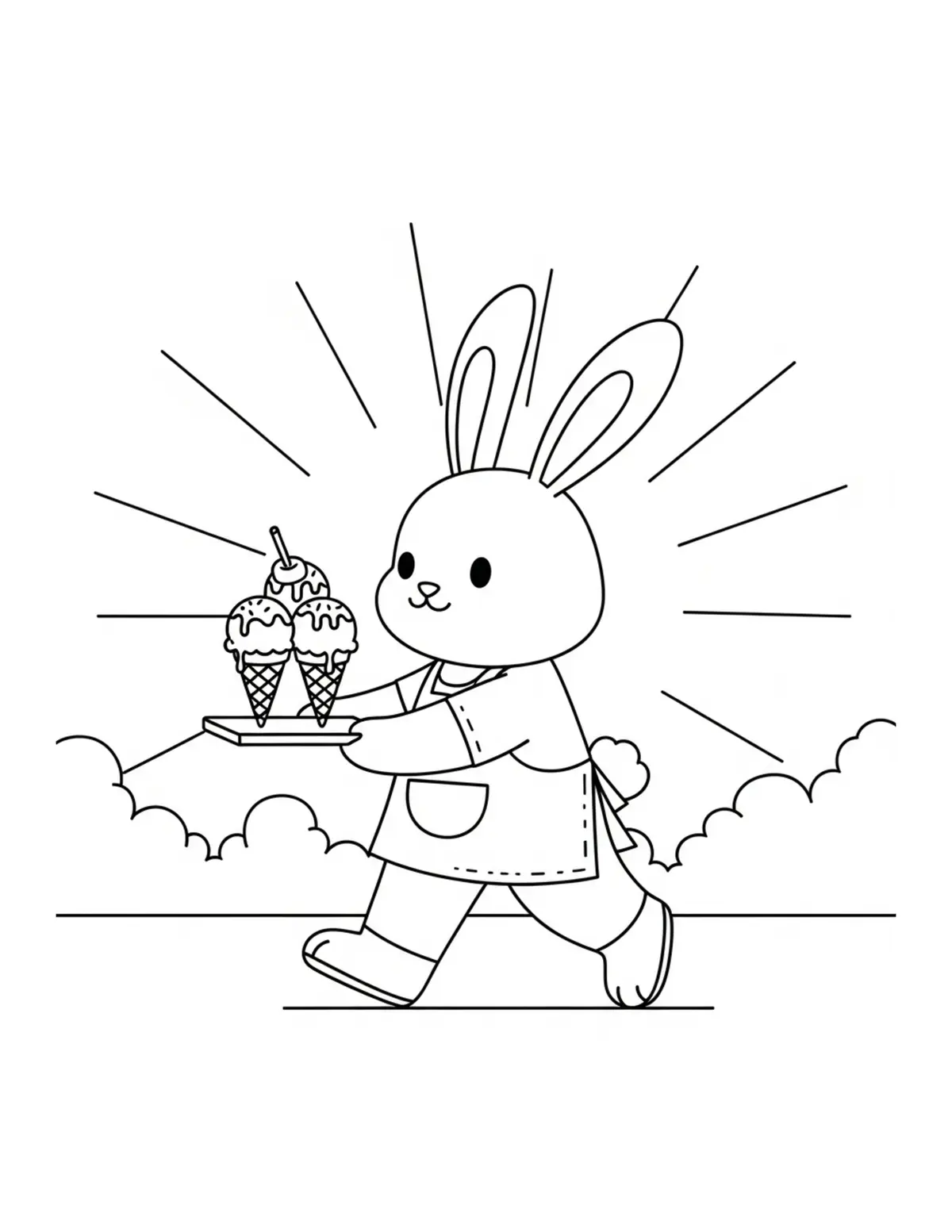 Cute Bunny Delivering Ice Crea Coloring Page - free printable JPG featuring adorable tiny animal village scene