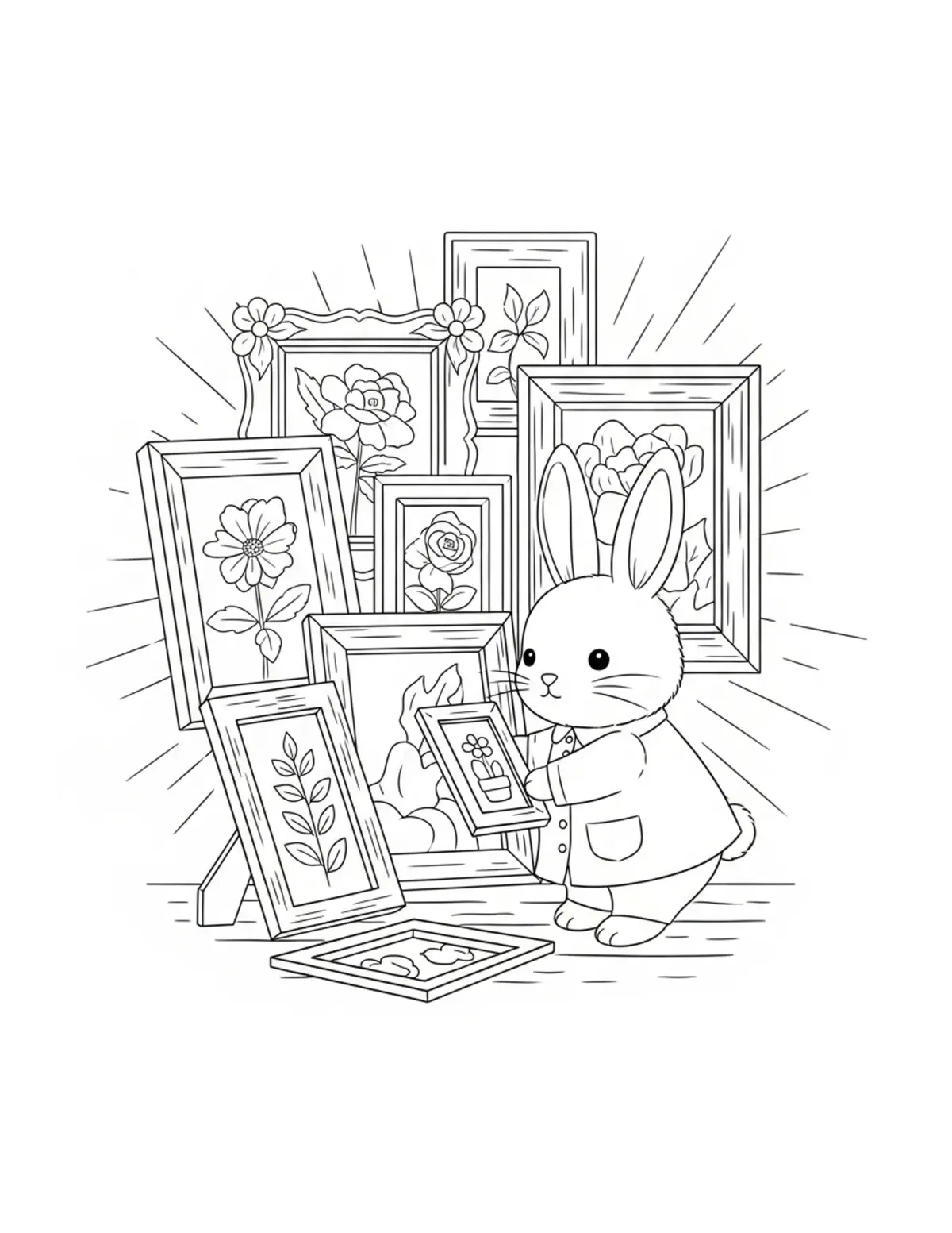 Cute Bunny Organizing Vintage  Coloring Page - free printable JPG featuring adorable tiny animal village scene