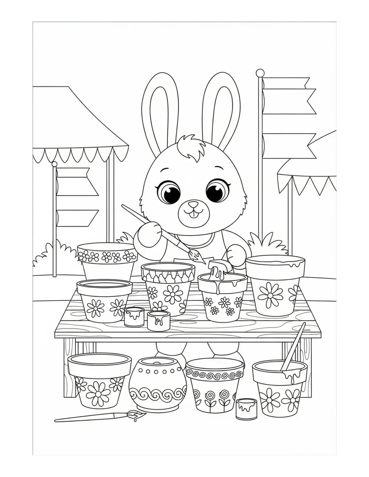Cute Bunny Painting Flower Pot Coloring Page - free printable JPG featuring adorable tiny animal village scene