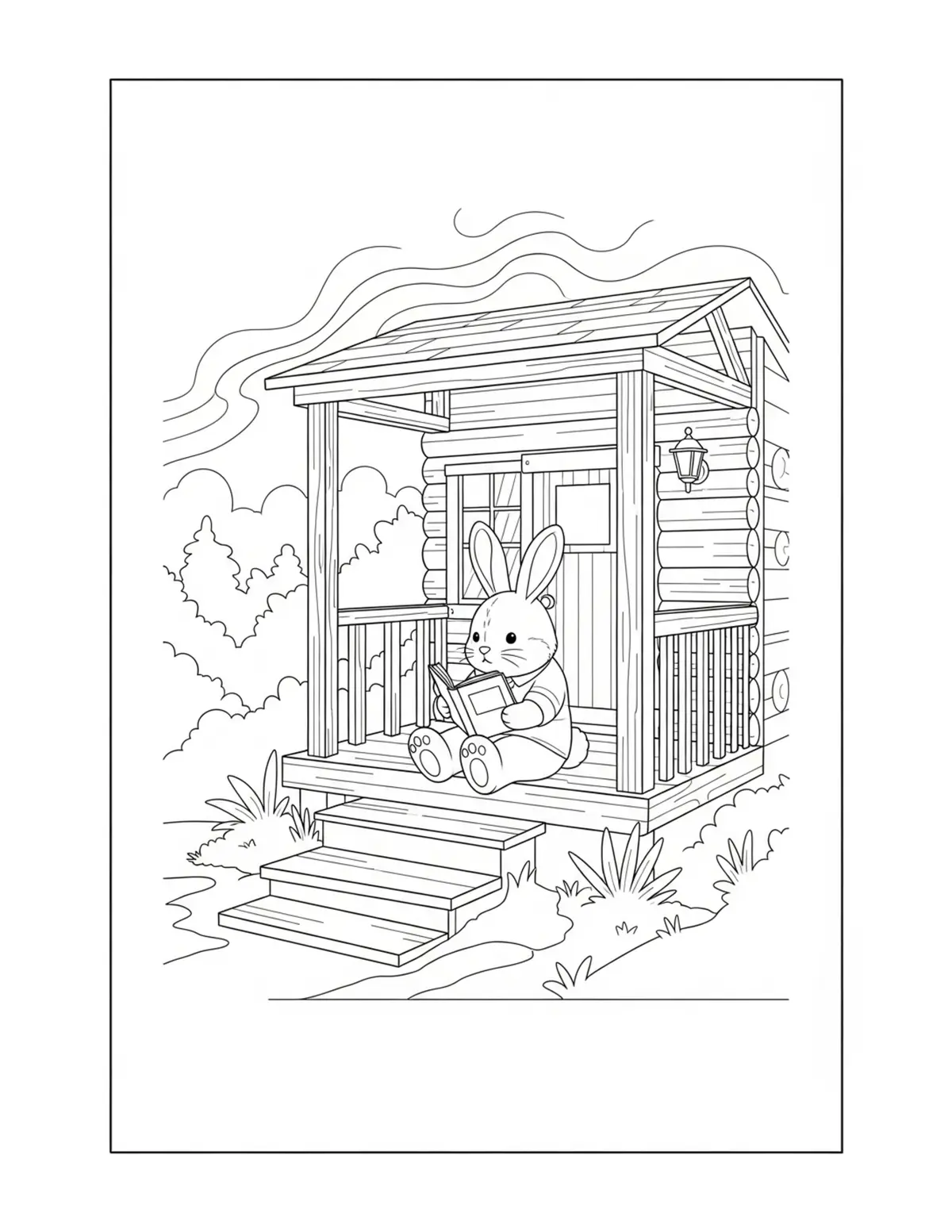 Cute Bunny Sitting On A Cabin  Coloring Page - free printable JPG featuring adorable tiny animal village scene