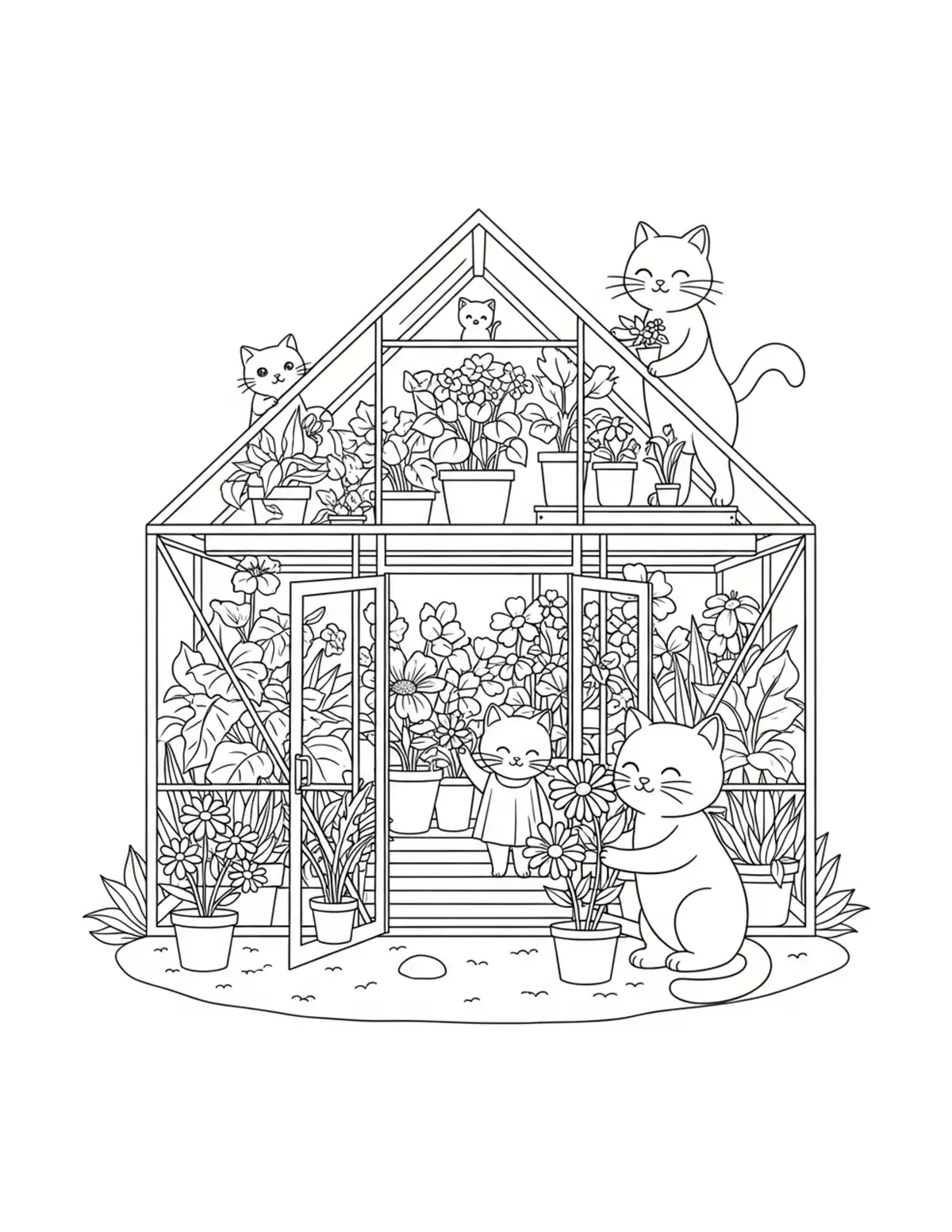 Cute Cat Flower Greenhouse Col — free printable cozy coloring coloring page for kids and adults