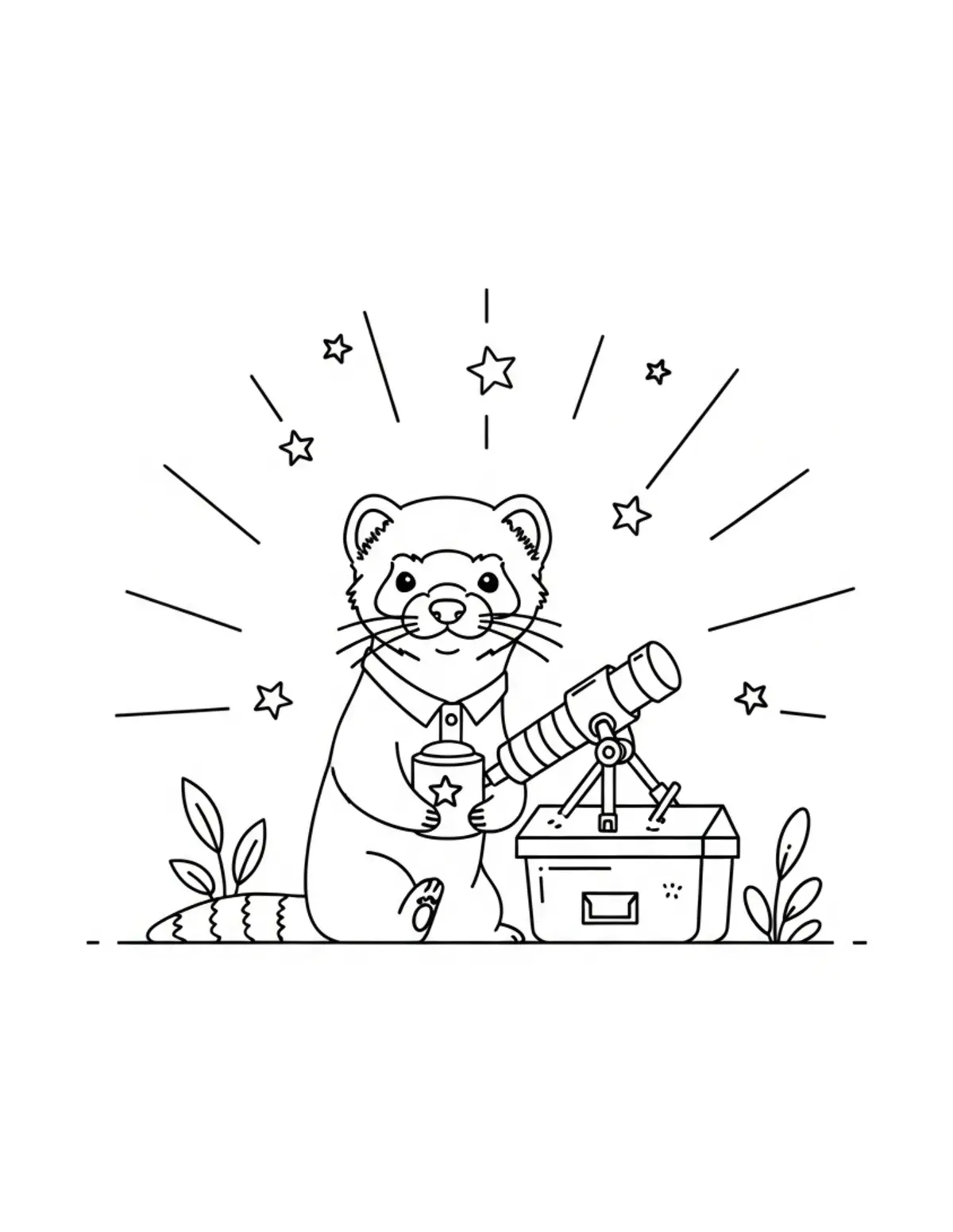 Free printable coloring page: cute ferret organizing an outd coloring page. Cute and cozy tiny animal design for kids and adults to download and print.
