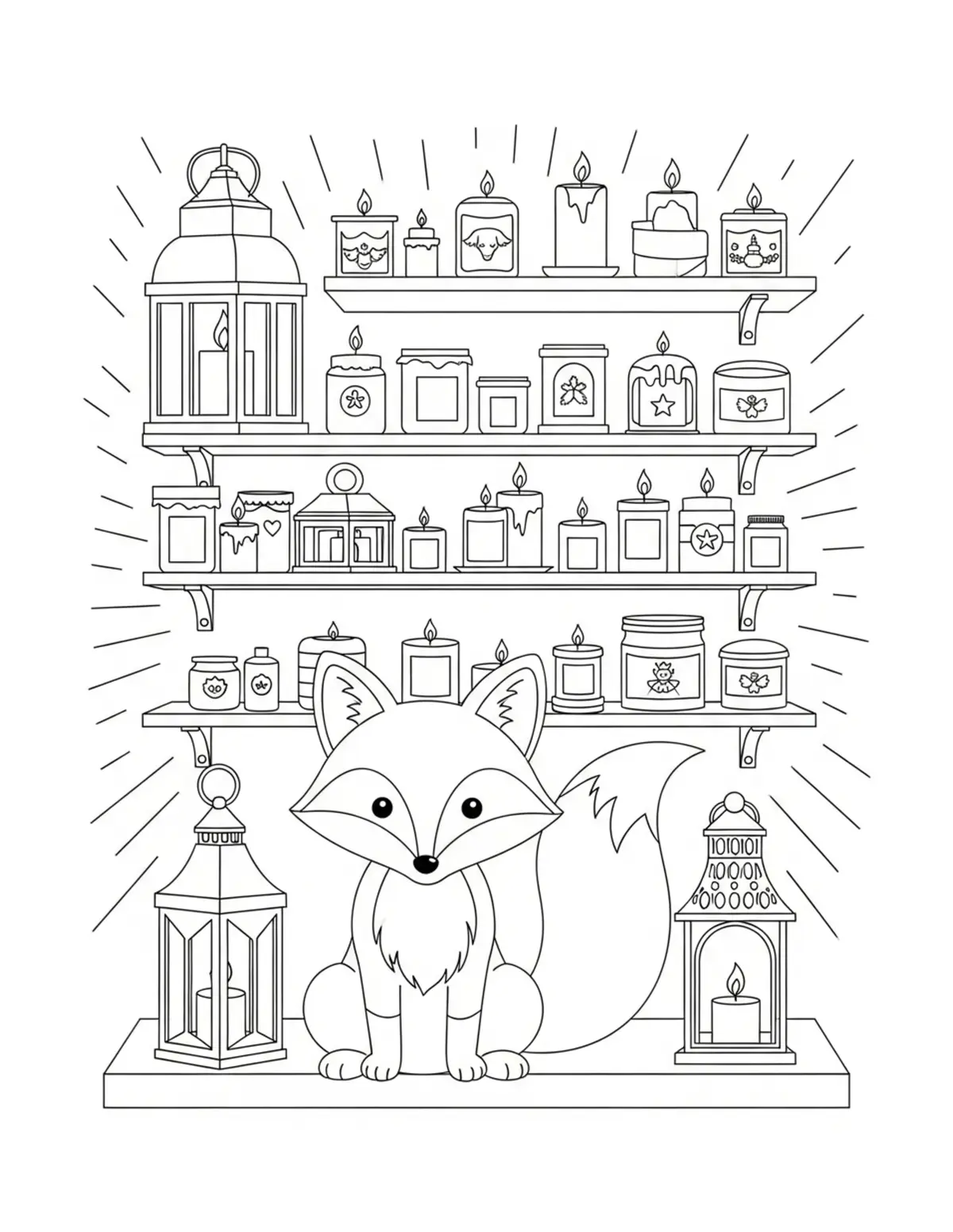 Free printable coloring page: cute fox candle shop shelves coloring page. Cute design for kids and adults.