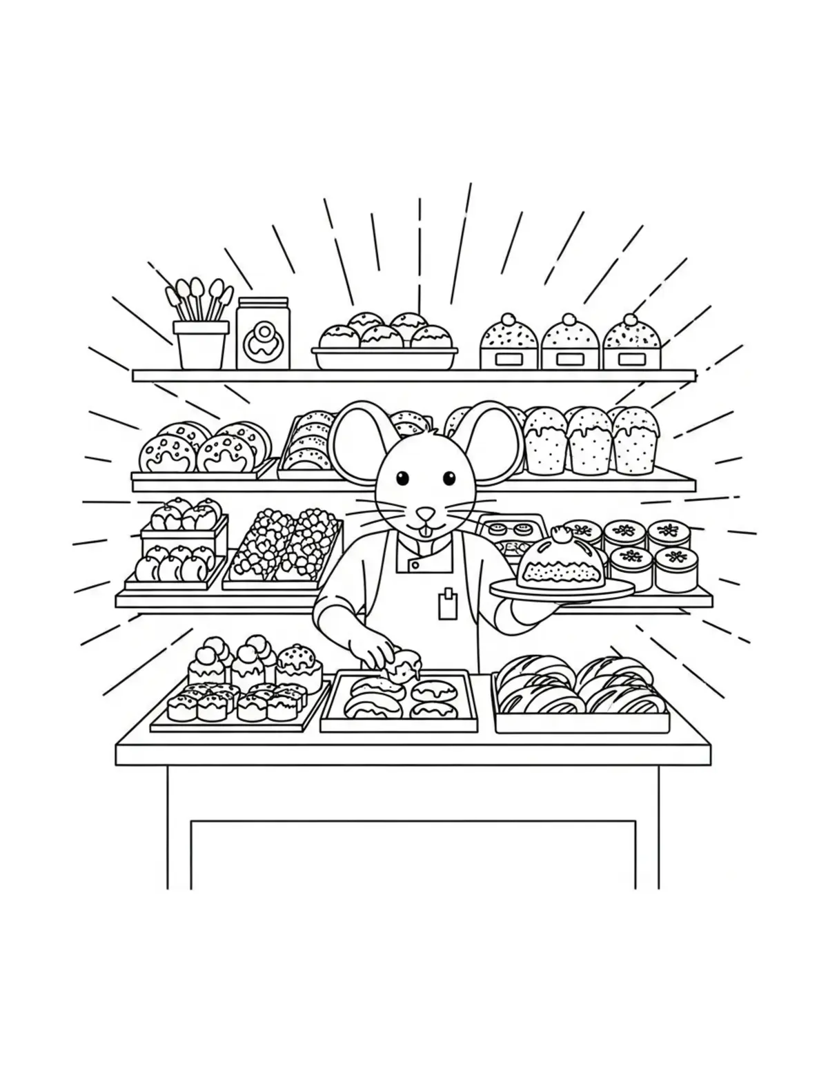 Mouse Serving Customers In A B Coloring Page - free printable JPG featuring adorable mouse bakery scenes