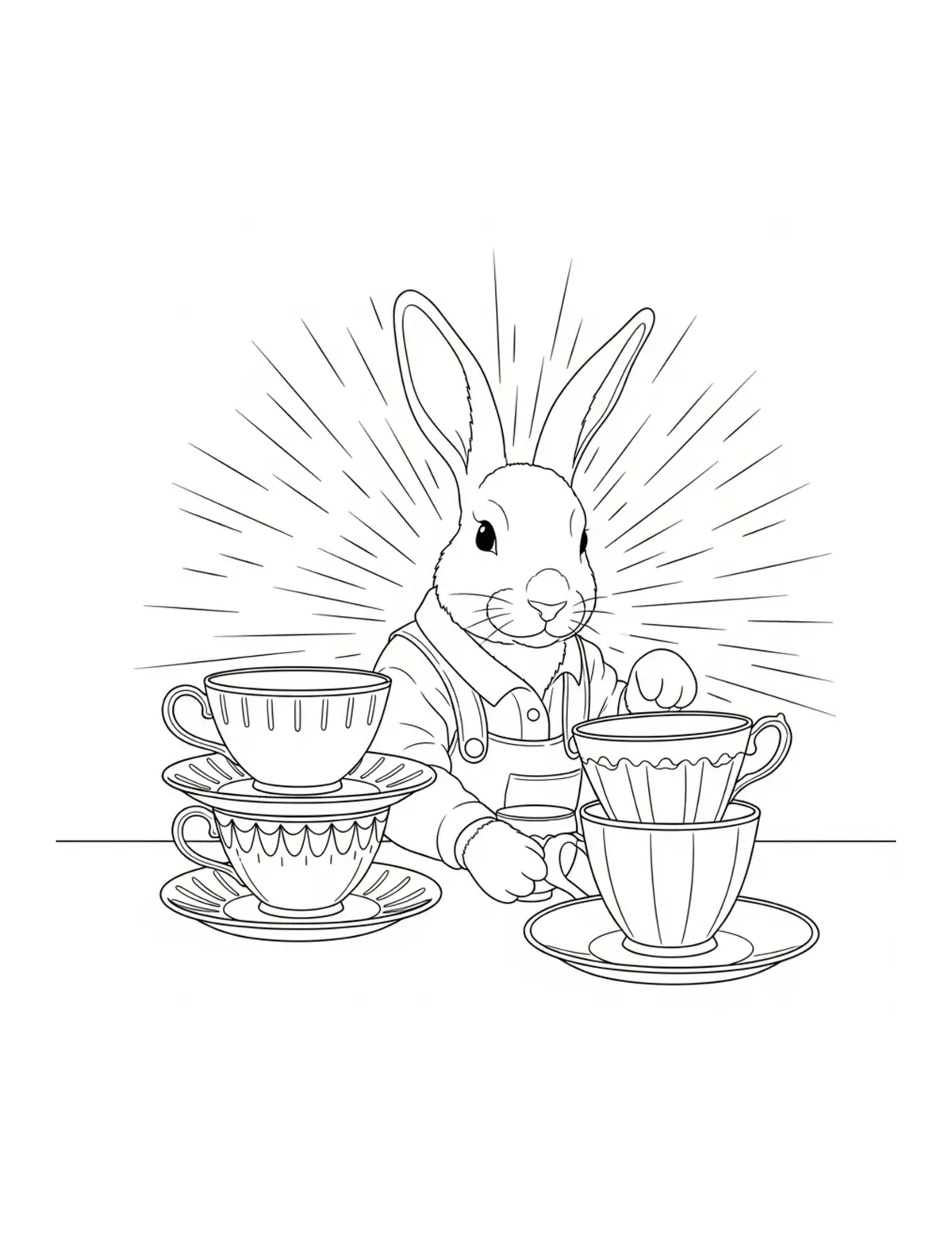 Rabbit Arranging Vintage Teacu Coloring Page - free printable JPG featuring adorable rabbit
