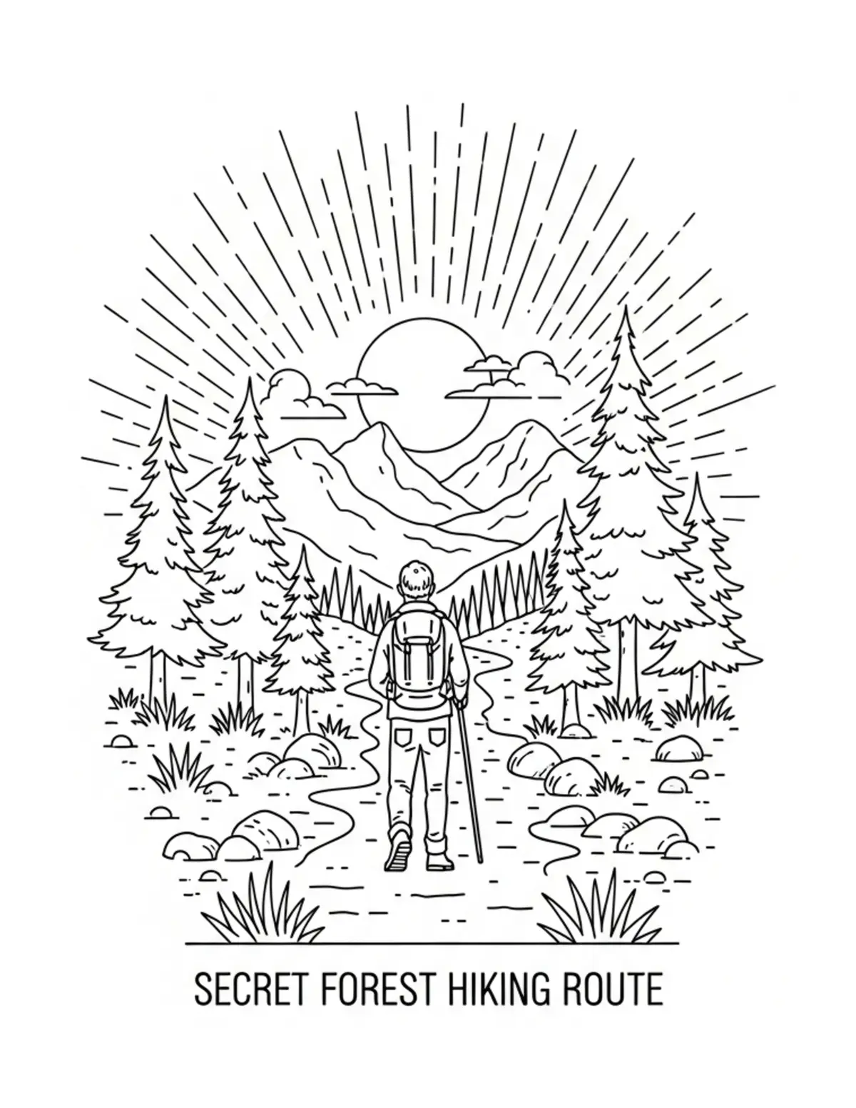Free printable coloring page: secret-forest-hiking-route coloring page. Cute and cozy design for kids and adults to download and print.