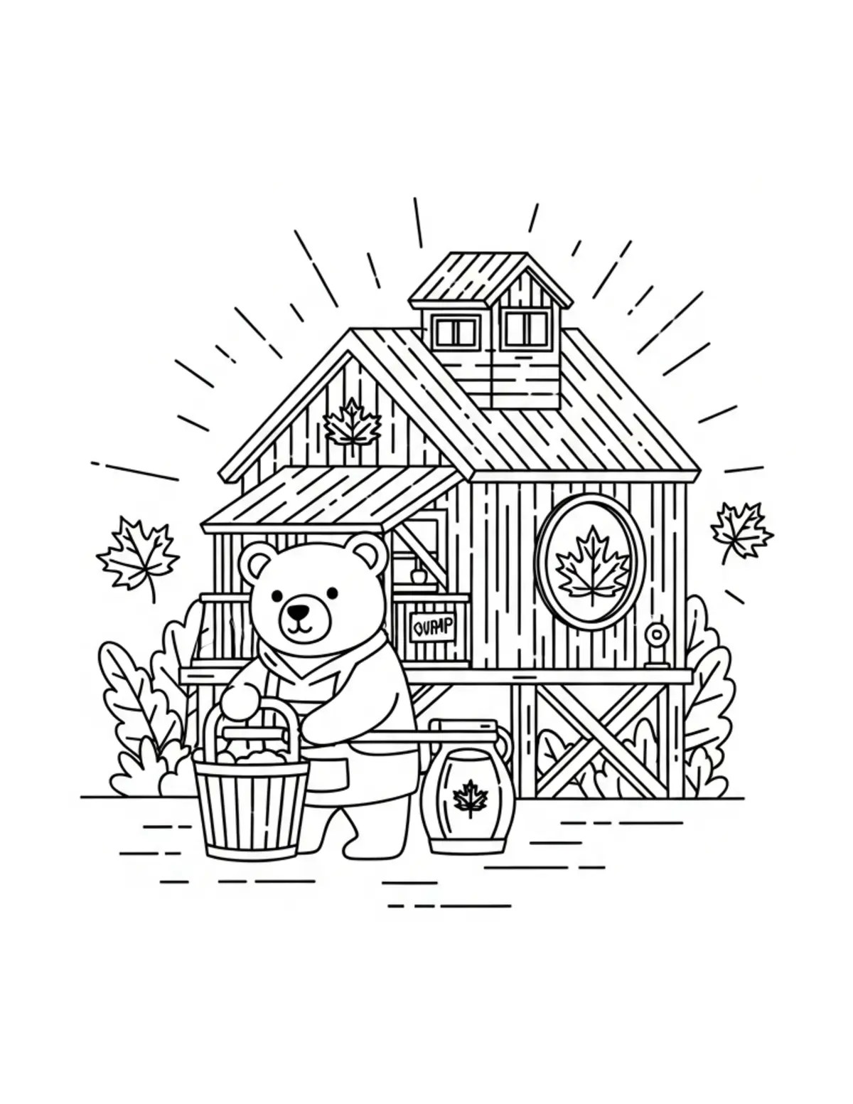 Free printable coloring page: tiny-bear-managing-a-maple-syr coloring page. Cute and cozy design for kids and adults to download and print.