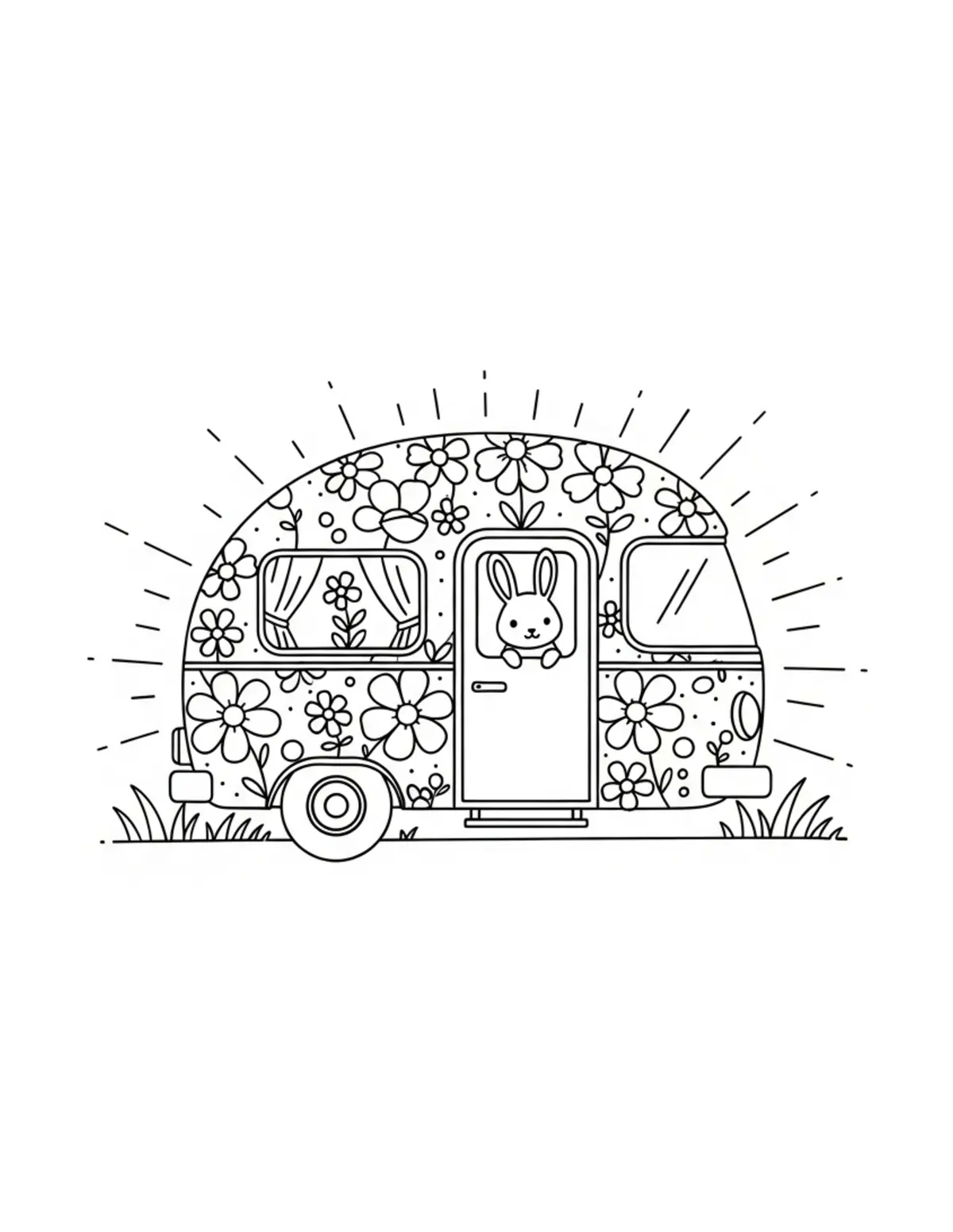 Free printable coloring page: tiny-bunny-traveling-in-a-flow coloring page. Cute and cozy design for kids and adults to download and print.
