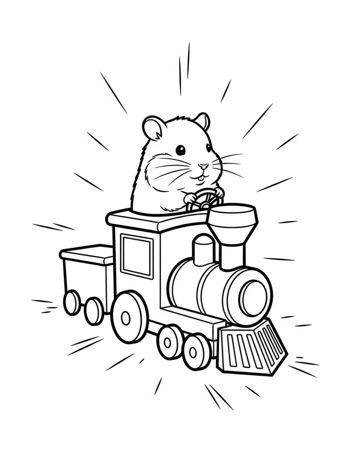 Free printable coloring page: tiny-hamster-driving-a-toy-tra coloring page. Cute and cozy design for kids and adults to download and print.