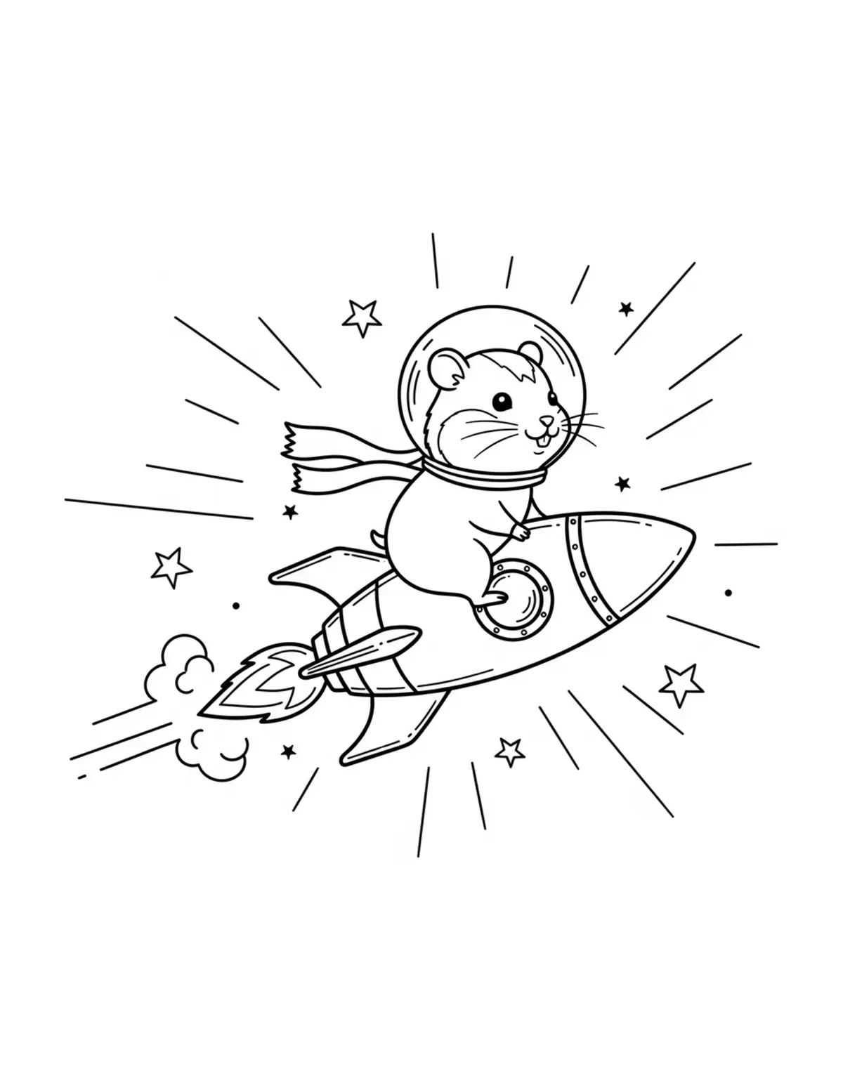 Free printable coloring page: tiny-hamster-riding-a-toy-rock coloring page. Cute and cozy design for kids and adults to download and print.
