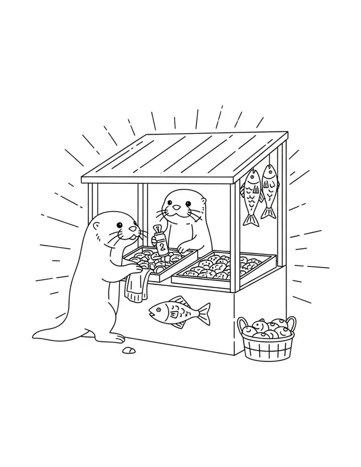 Free printable coloring page: tiny-otter-selling-fresh-fish coloring page. Cute and cozy design for kids and adults to download and print.