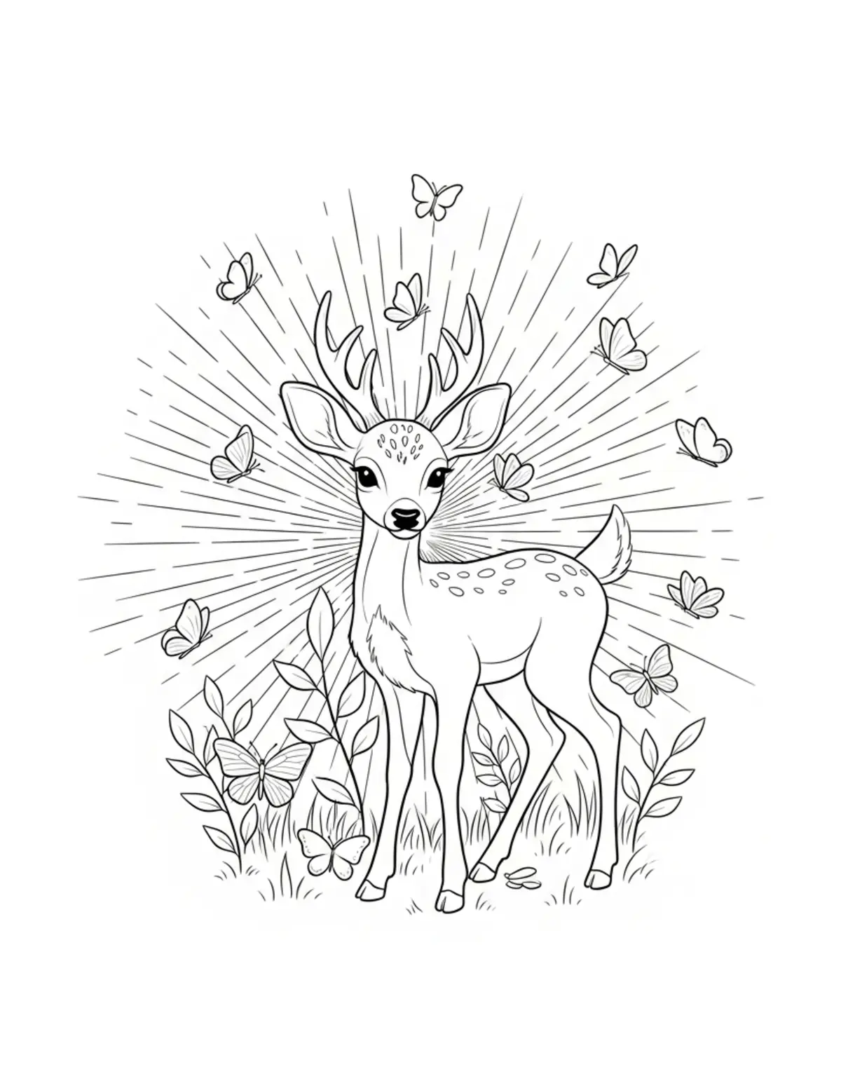 Tiny Deer Organizing a Butterfly Garden coloring page - free printable JPG featuring adorable woodland animals