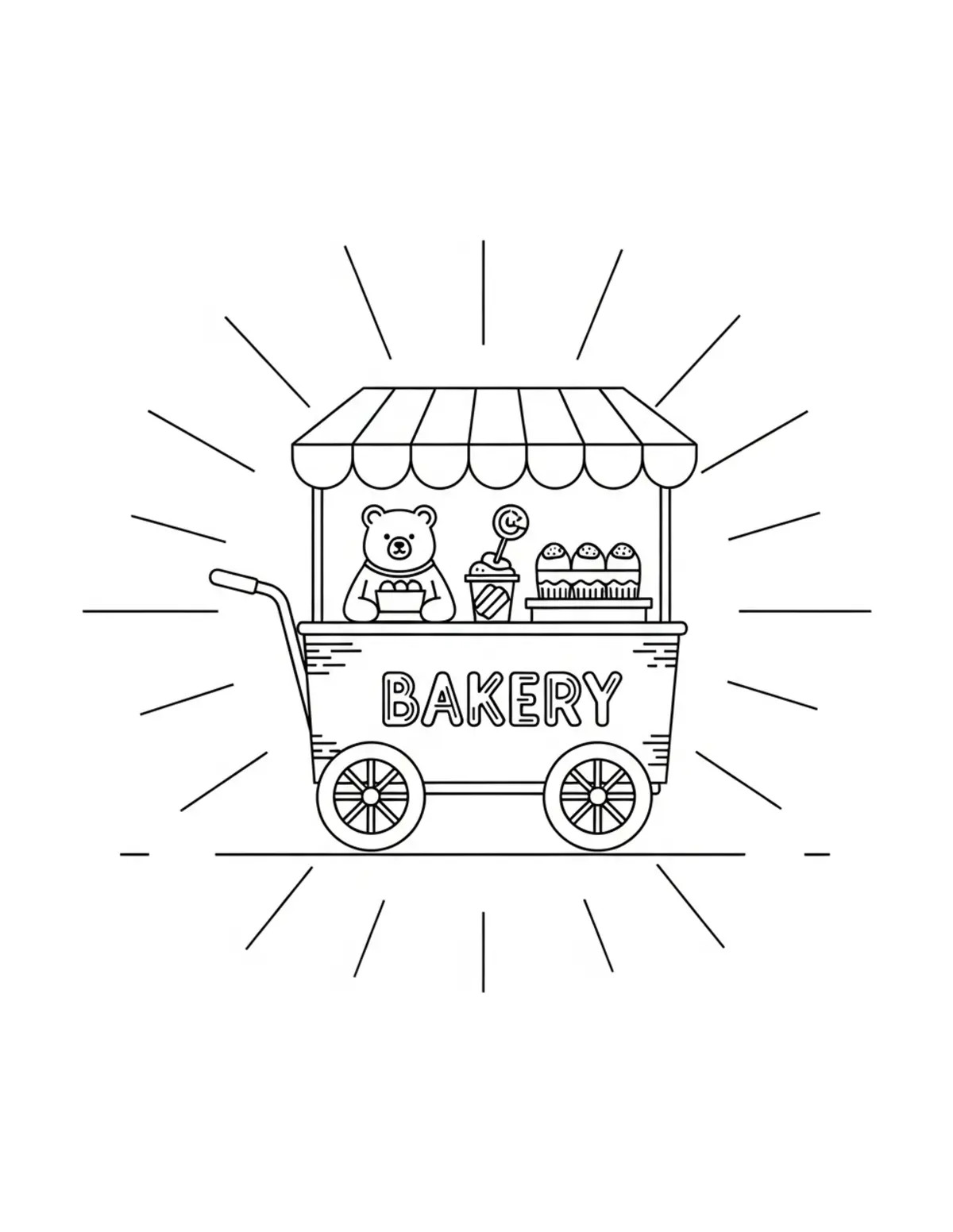 Free printable coloring page: bear-bakery-delivery-cart coloring page. Cute and cozy design for kids and adults to download and print.