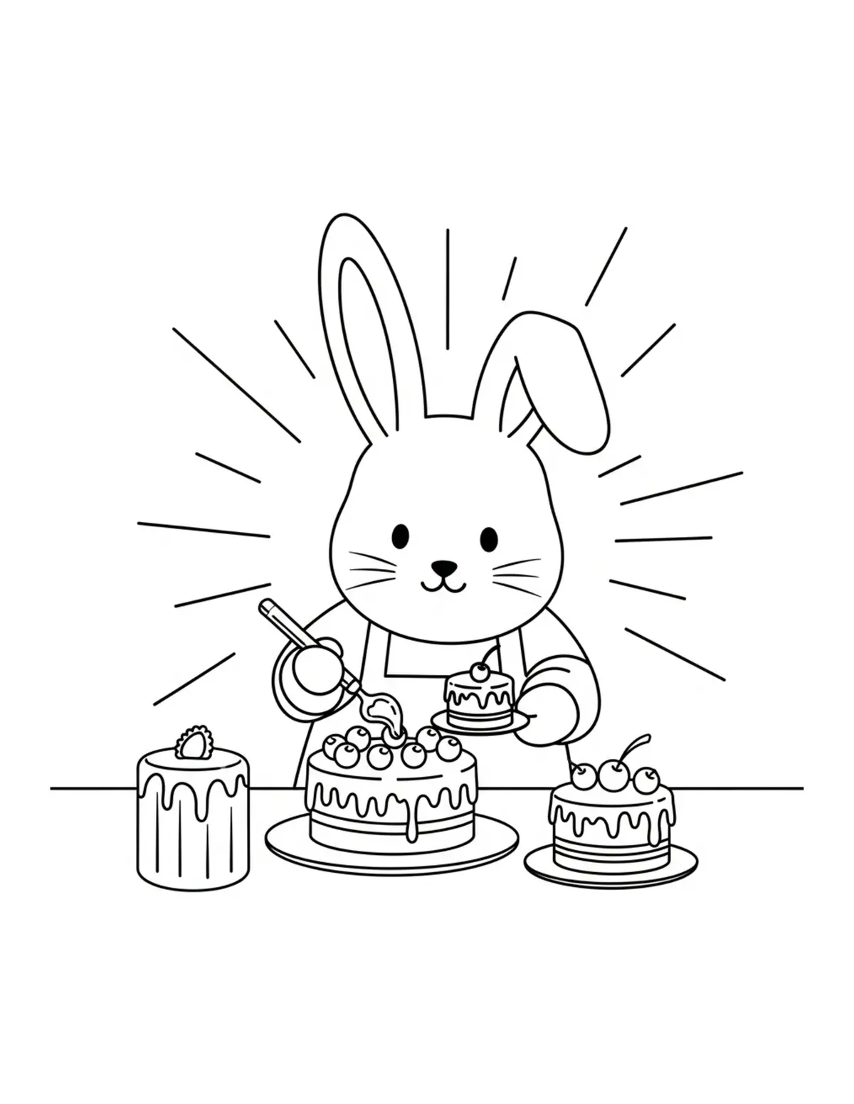 Free printable coloring page: bunny decorating cakes coloring page. Cute and cozy design for kids and adults to download and print.