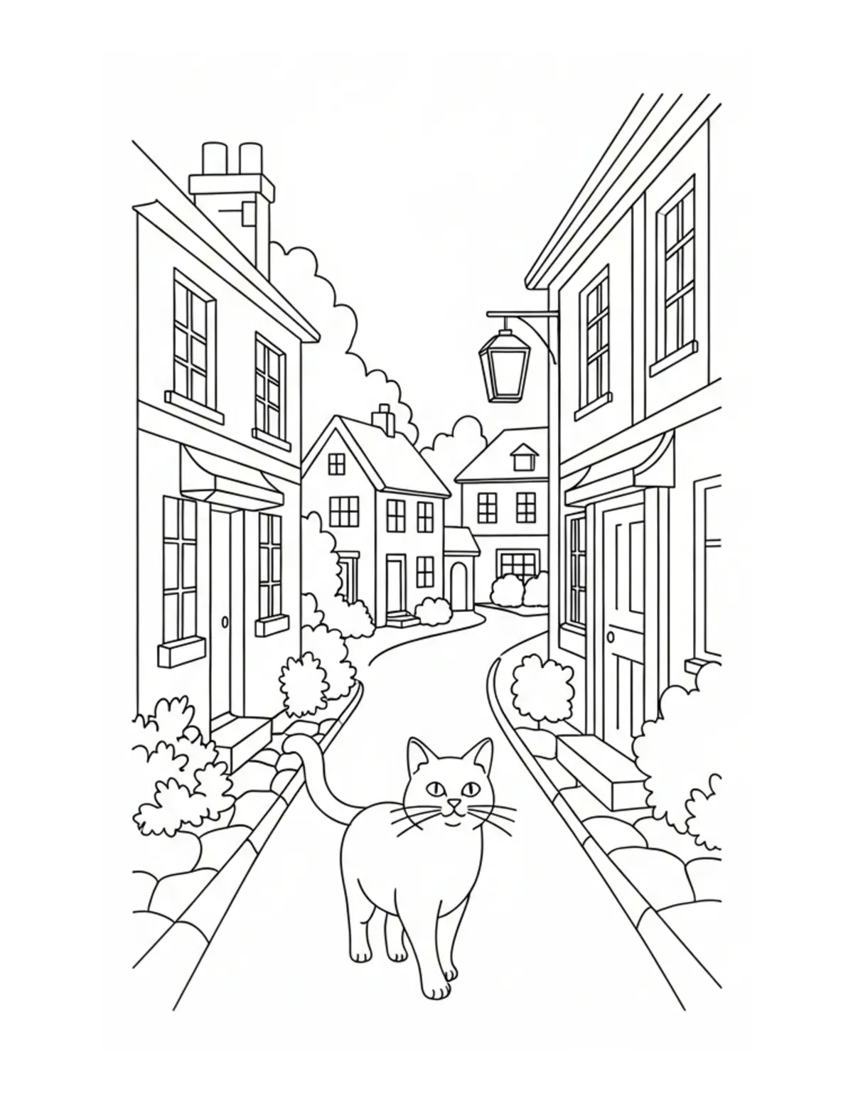 Cat Walking Through Cozy Villa — free printable cozy coloring coloring page for kids and adults